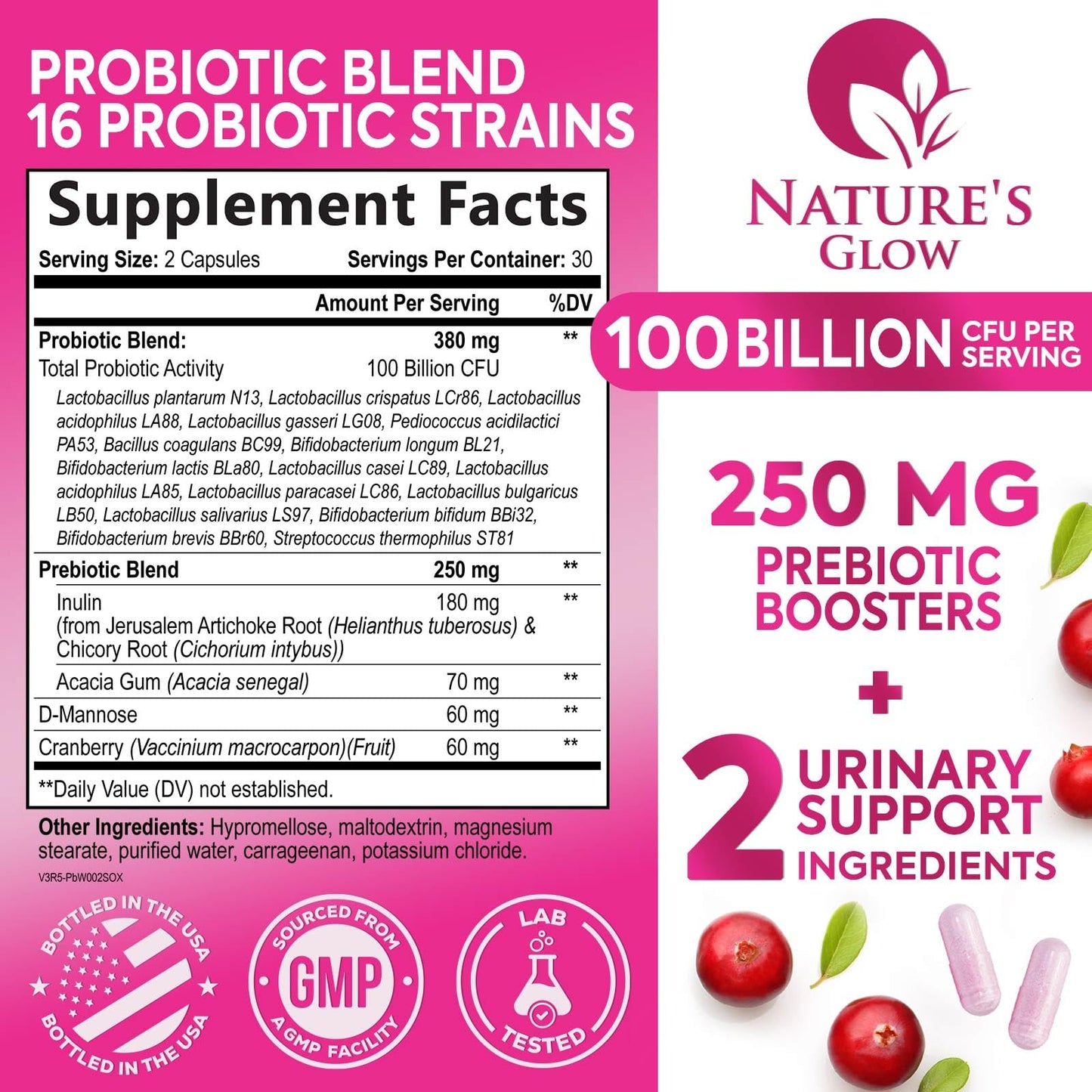 Nature's Glow Probiotics For Women - PH Balance, Digestive & Feminine Health Support - 100 Billion CFU Per Serving - Women's Probiotic With 16 Unique Strains, Vaginal Probiotic Capsules 60 Count