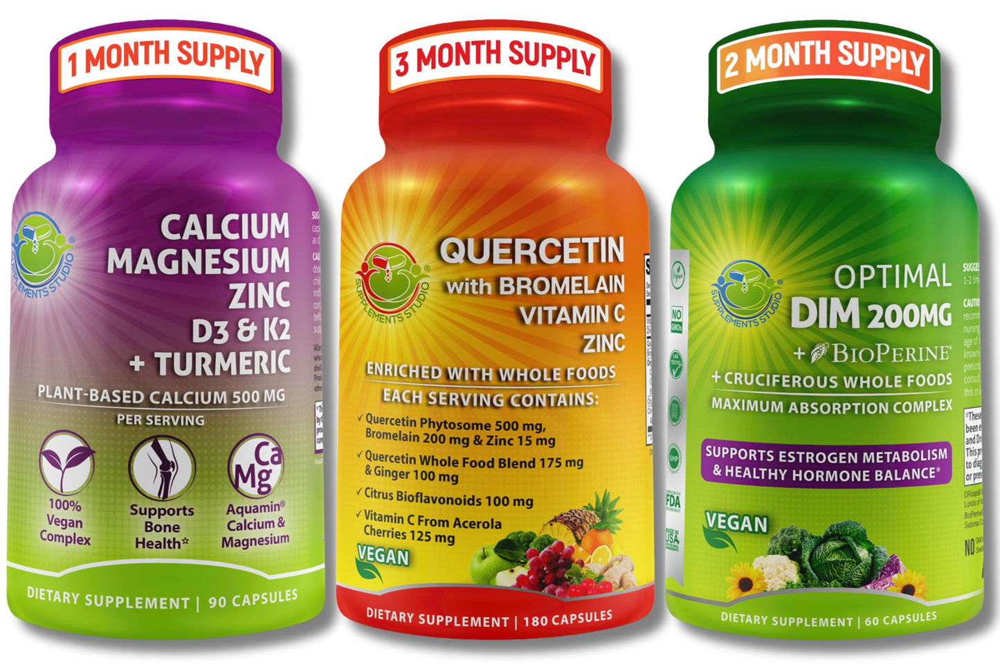 SUPPLEMENTS STUDIO Plant-Based Calcium, Magnesium & Zinc with D3, K2, Turmeric, Quercetin, Bromelain, Vitamin C, DIM 200mg & BioPerine, Delayed-Release Capsules 330