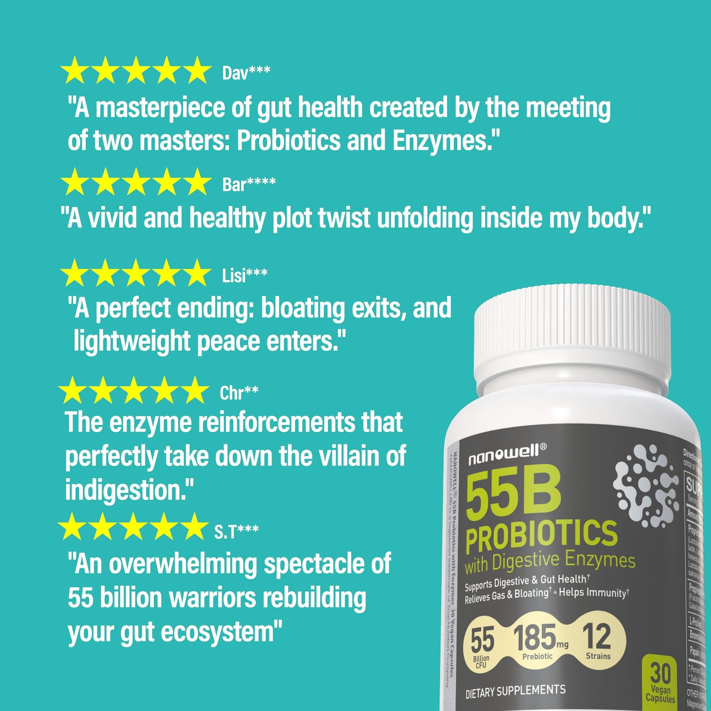 NANOWELL 55B Probiotics with Digestive Enzymes for Immune Support & Gut Health Capsules, 30 Count