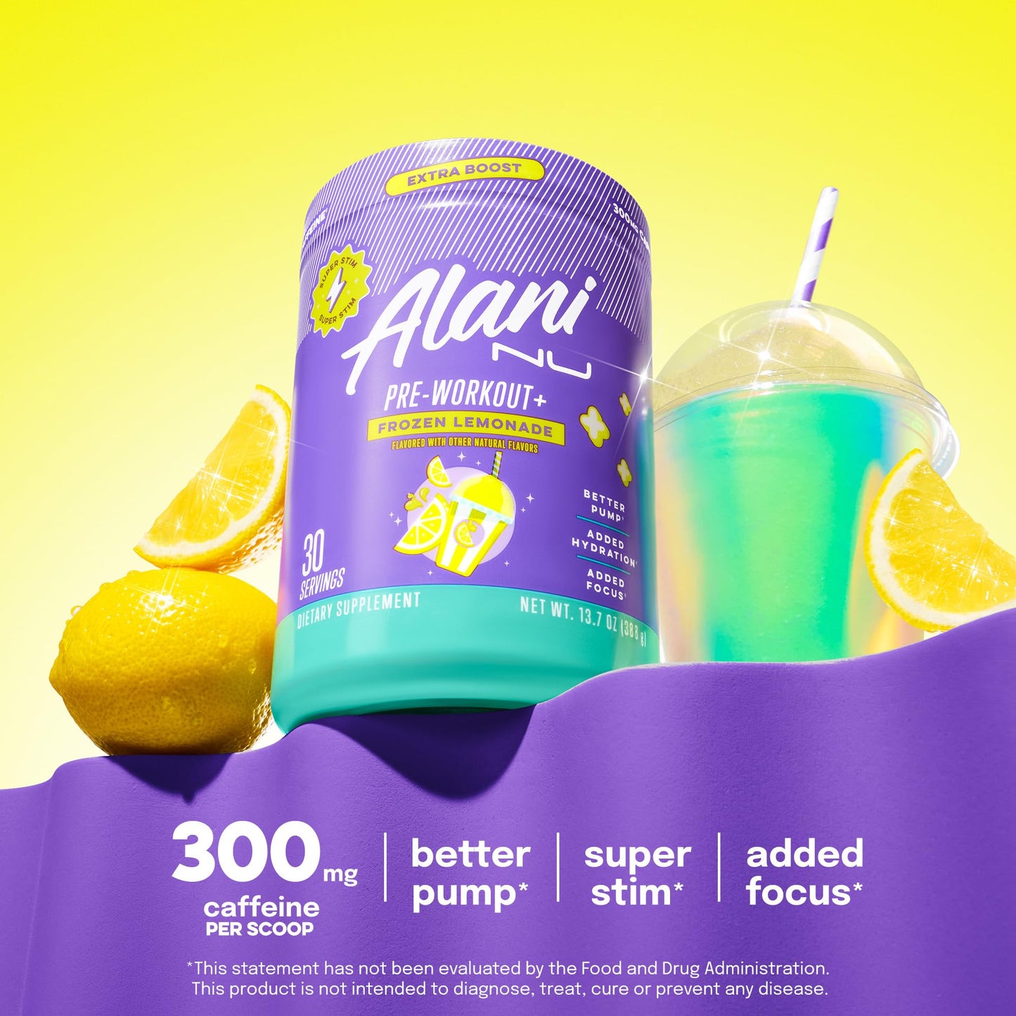 Alani Nu Pre Workout+ Powder Frozen Lemonade Extra Boost Sugar Free 300mg Caffeine L-Theanine Beta-Alanine Citrulline 13.8 oz