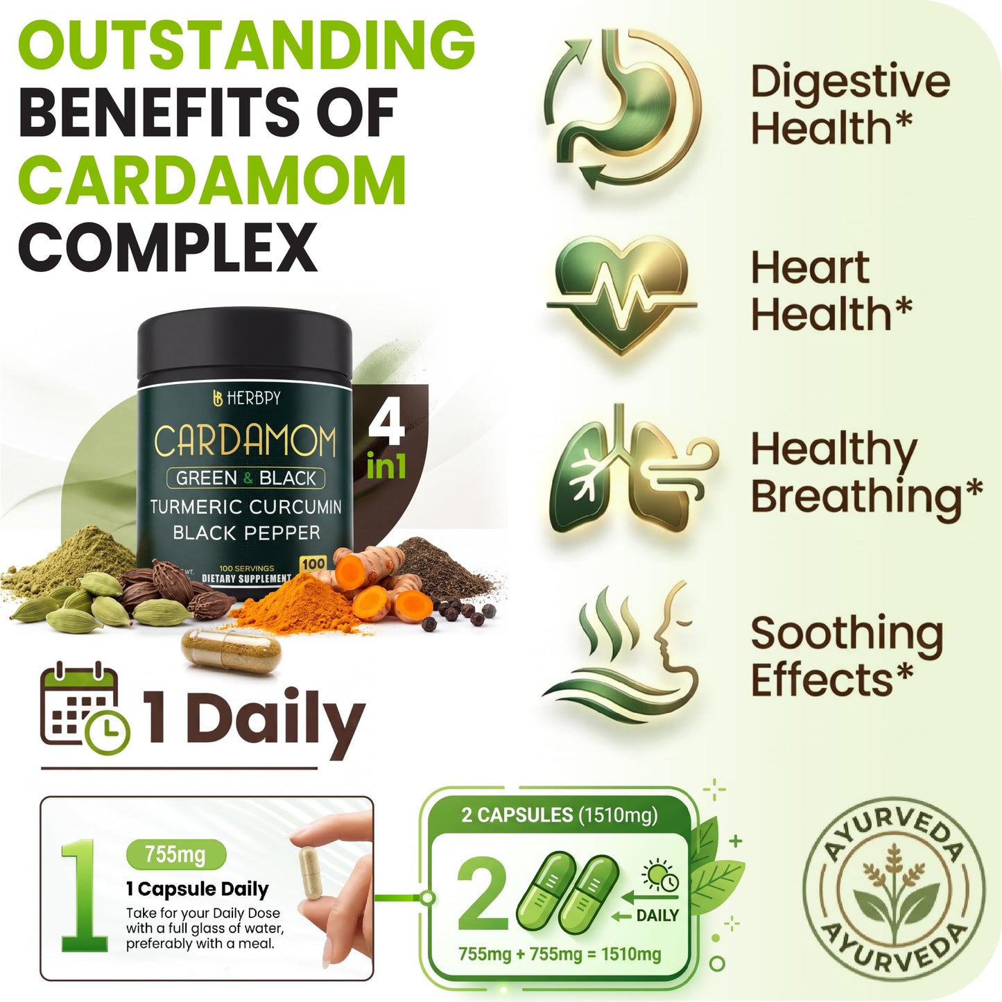 Herbpy 4in1 Cardamom Powder Capsules 100 Count