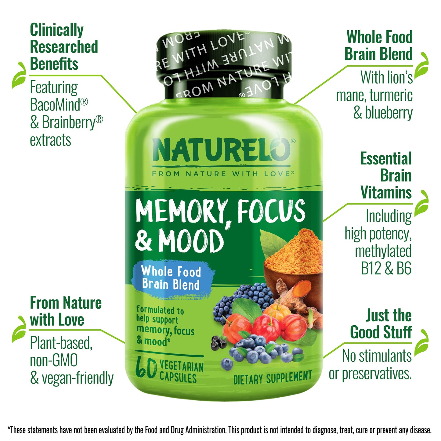 NATURELO Whole Food Brain Supplement - Brain Health Supplements for Memory & Focus Support - Enhance Brain Health Blend Supplement for Adults, 120 Capsules