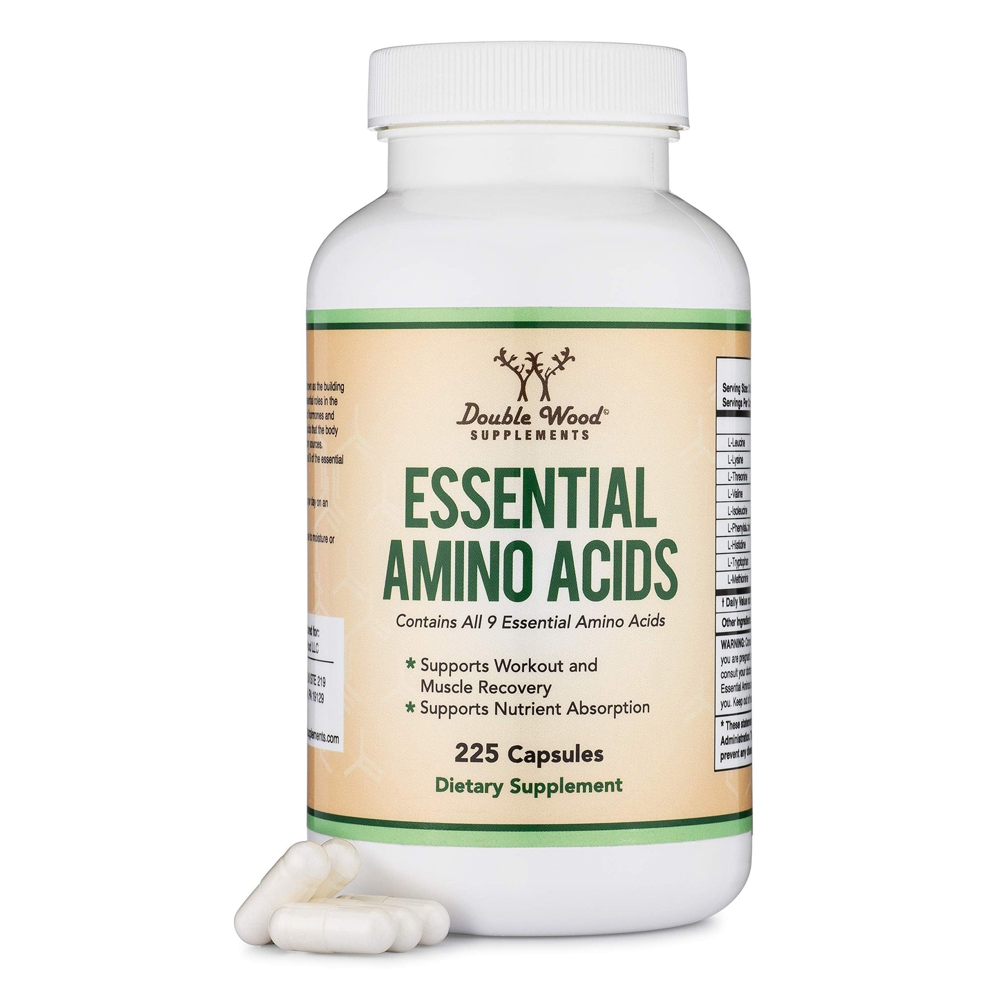 Double Wood Supplements Essential Amino Acids - 1 Gram Per Serving Powder Blend of All 9 Essential Aminos (EAA) and All Branched-Chain Aminos (BCAAs) (Leucine, Isoleucine, Valine) 225 Capsules