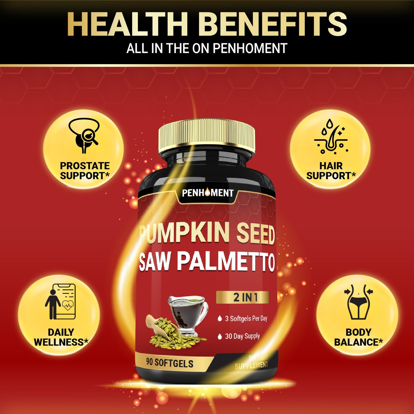 Penhoment 3150mg Pumpkin Seed Oil with Saw Palmetto Softgels 90