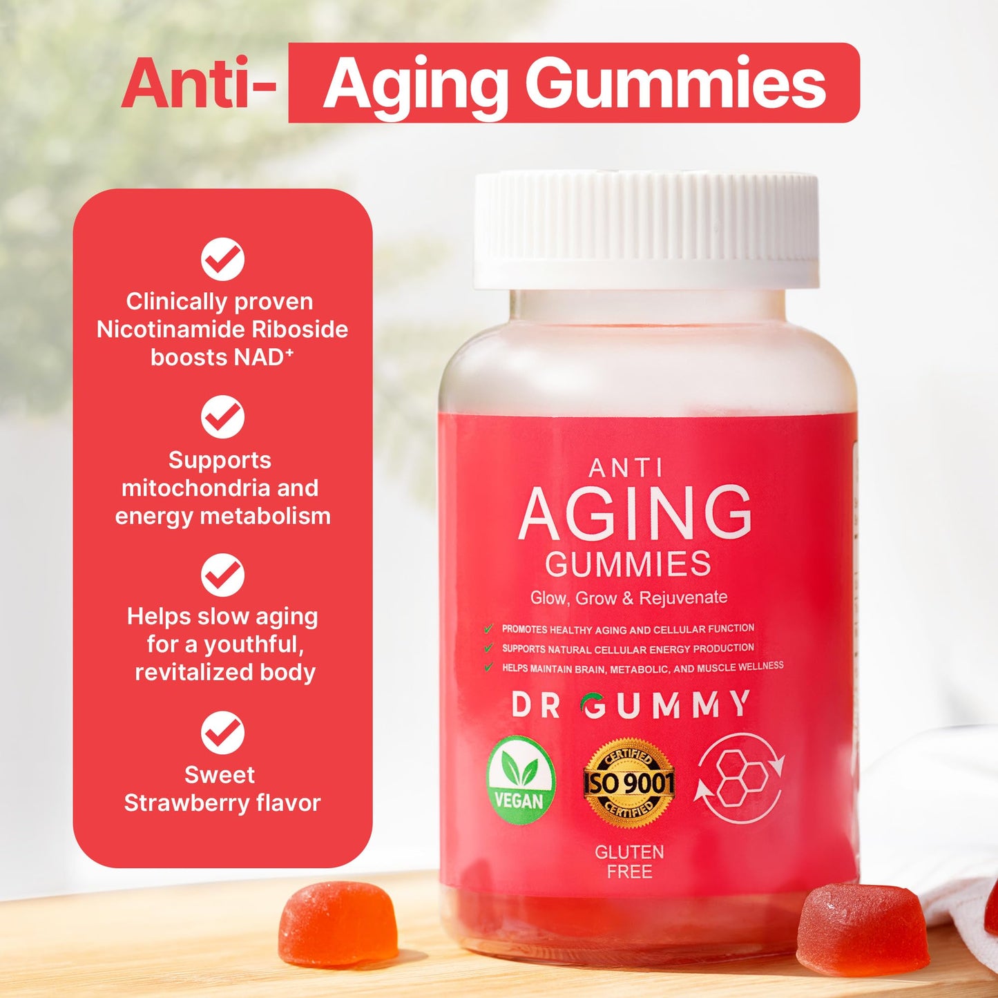 DR GUMMY Anti-Aging Gummies with Nicotinamide Riboside (NR) – NAD⁺ Support for Cellular Energy & Mitochondrial Health – Metabolism & Vitality Support – Strawberry Flavor, 60 Gummies