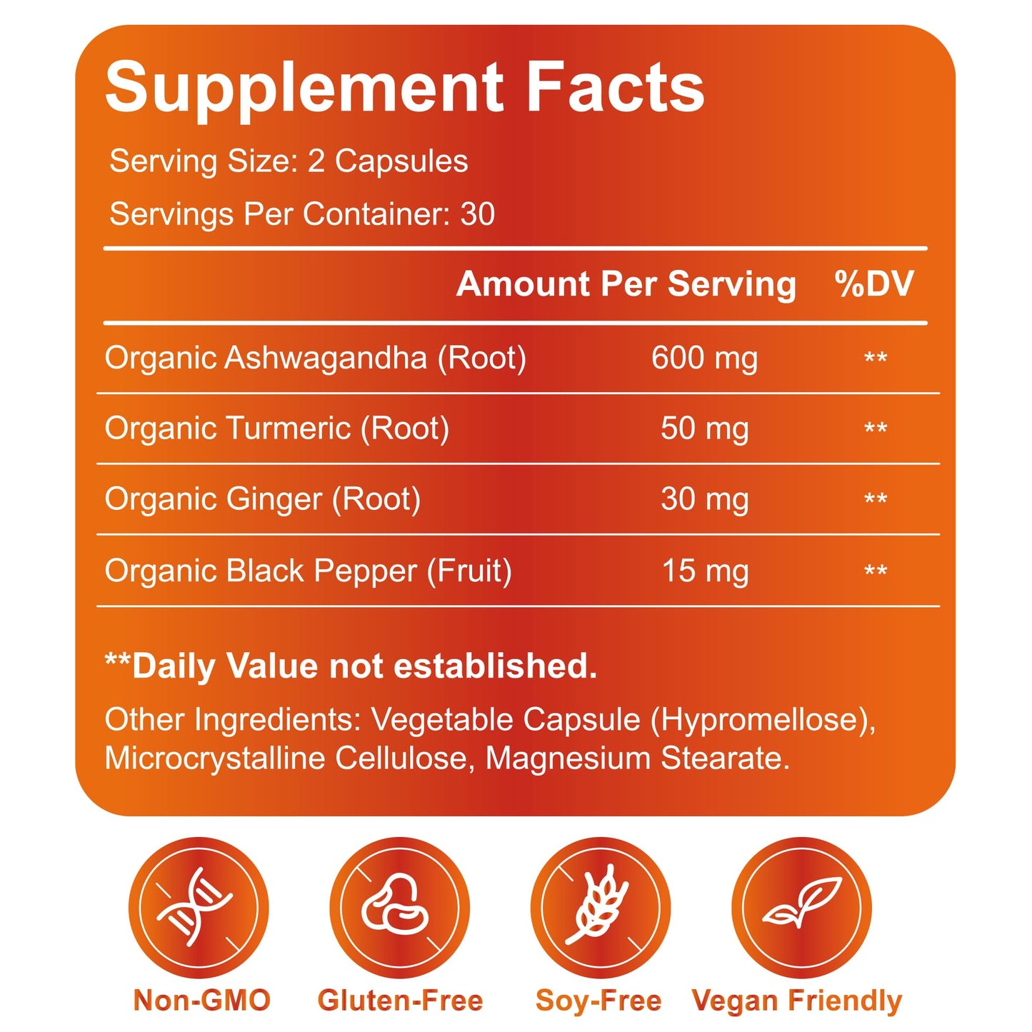 Generic Organic Ashwagandha Supplement with Turmeric, Ginger & Black Pepper - 600mg Root Extract - 60 Capsules