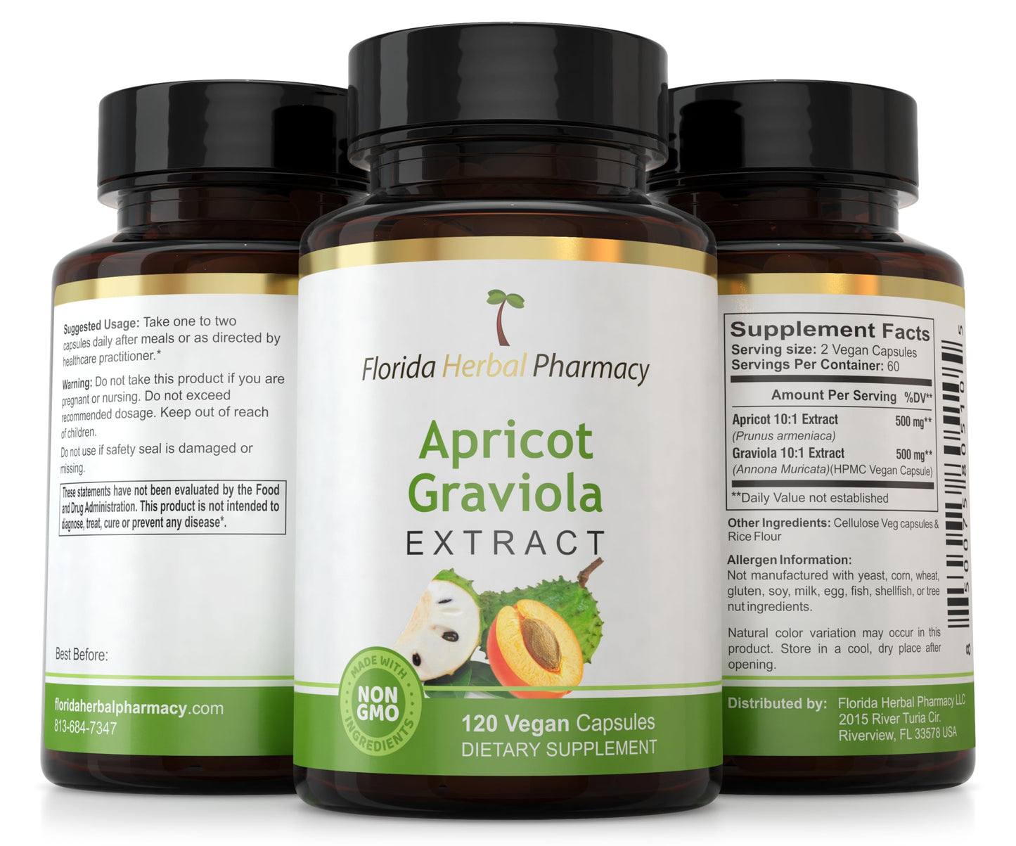 Florida Herbal Pharmacy Apricot-Graviola Supplement Capsules 10:1, 120 Capsules