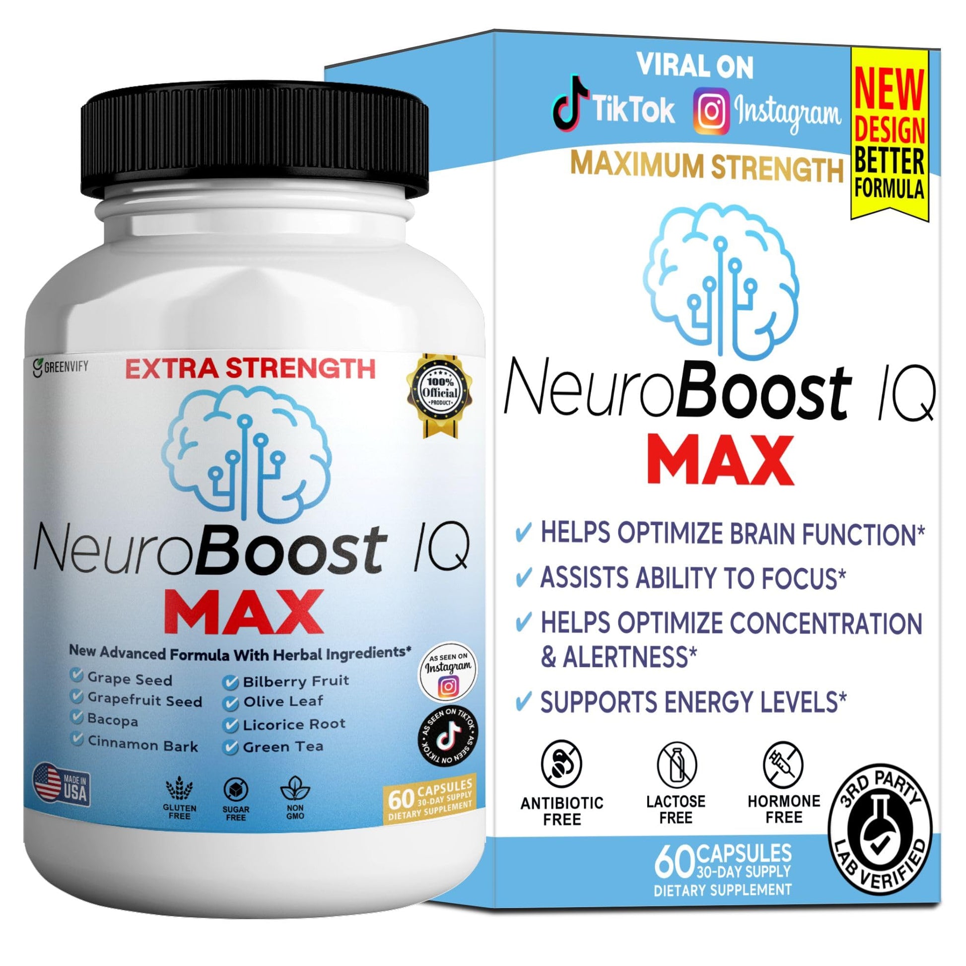 GREENVIFY NeuroBoost IQ MAX Extra Strength Brain Support Supplement Nootropic for Focus and Memory Capsules 60 Count