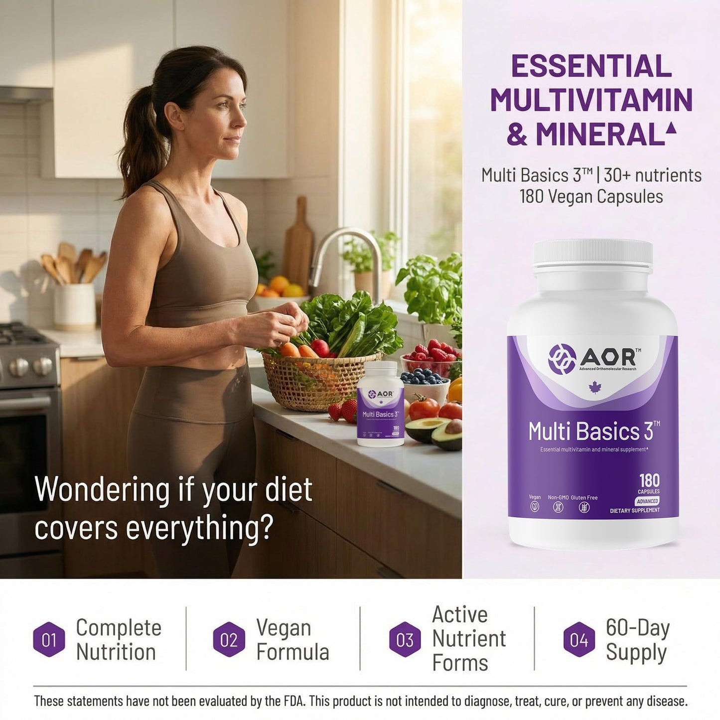 AOR Multi Basics 3 Vegan Capsules, 180 Count