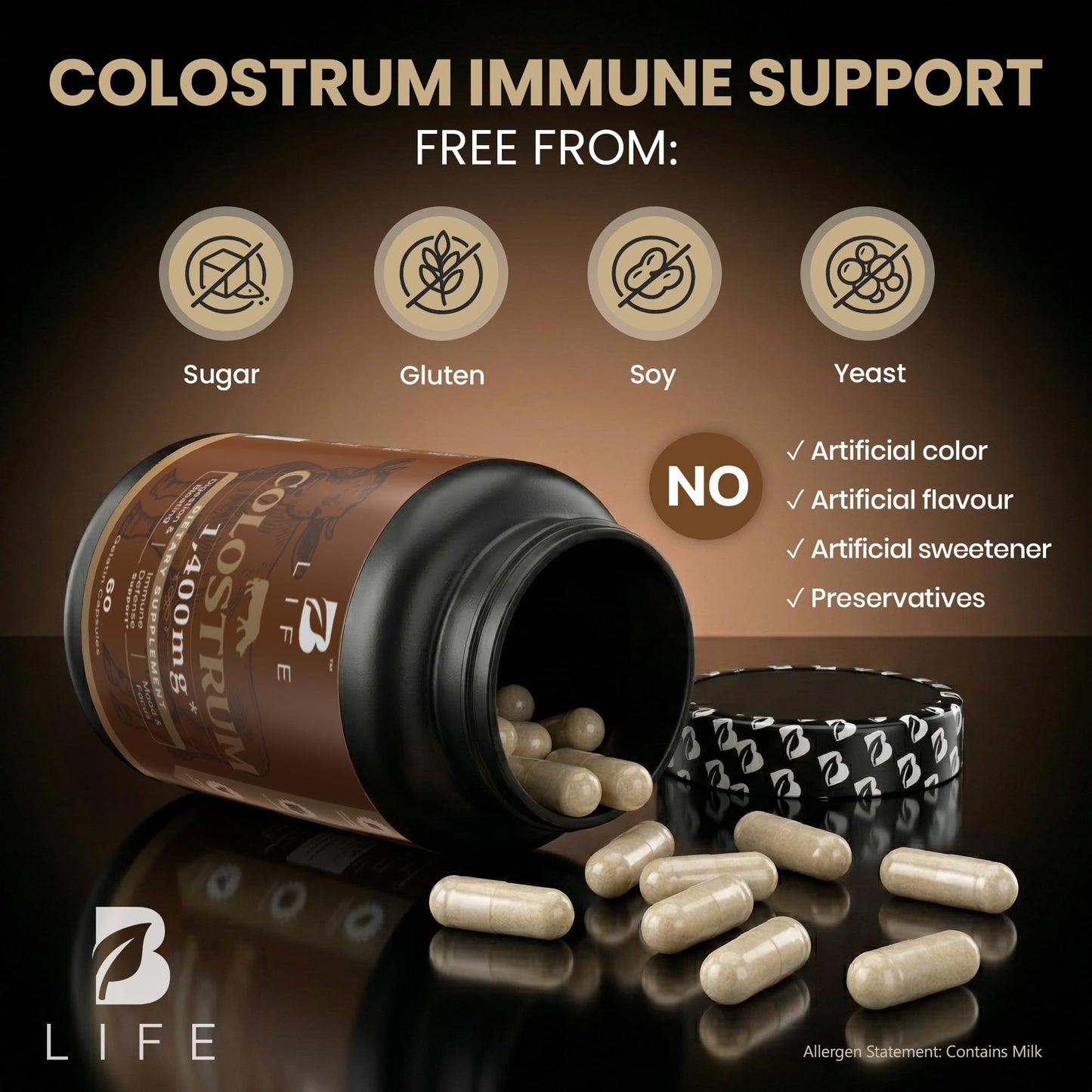 B Life Company BLife Bovine Colostrum Supplement 1400mg – Immune & Gut Health Support – Colostrum Capsules for Digestive Health – Immune Support Supplement, 60 Capsules