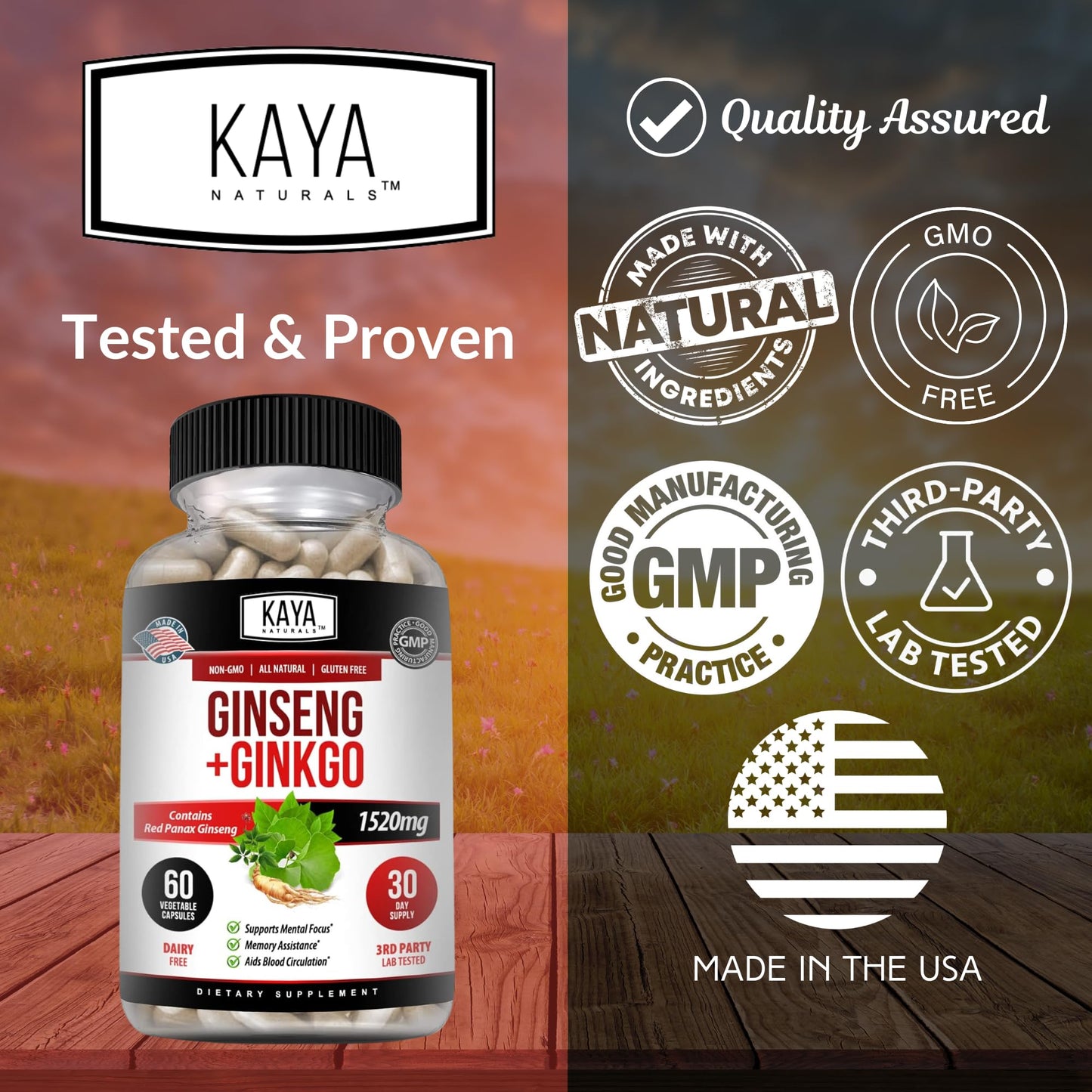 Kaya Naturals Red Panax Ginseng + Ginkgo Biloba Capsules 60 Capsules