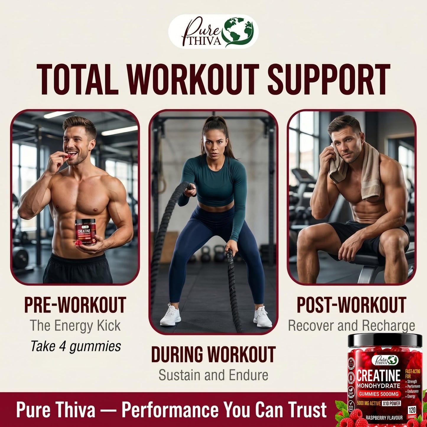 PureThiva Creatine Monohydrate Gummies 5000mg, Sugar Free Raspberry, Vegan, 120 Count, with Turmeric & Black Pepper for Muscle Strength, Energy & Endurance