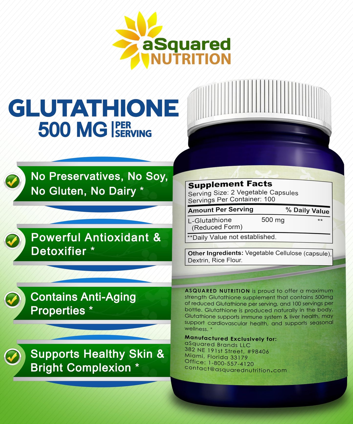 aSquared Nutrition Reduced Glutathione 500mg Per Serving Capsule, 200 Count