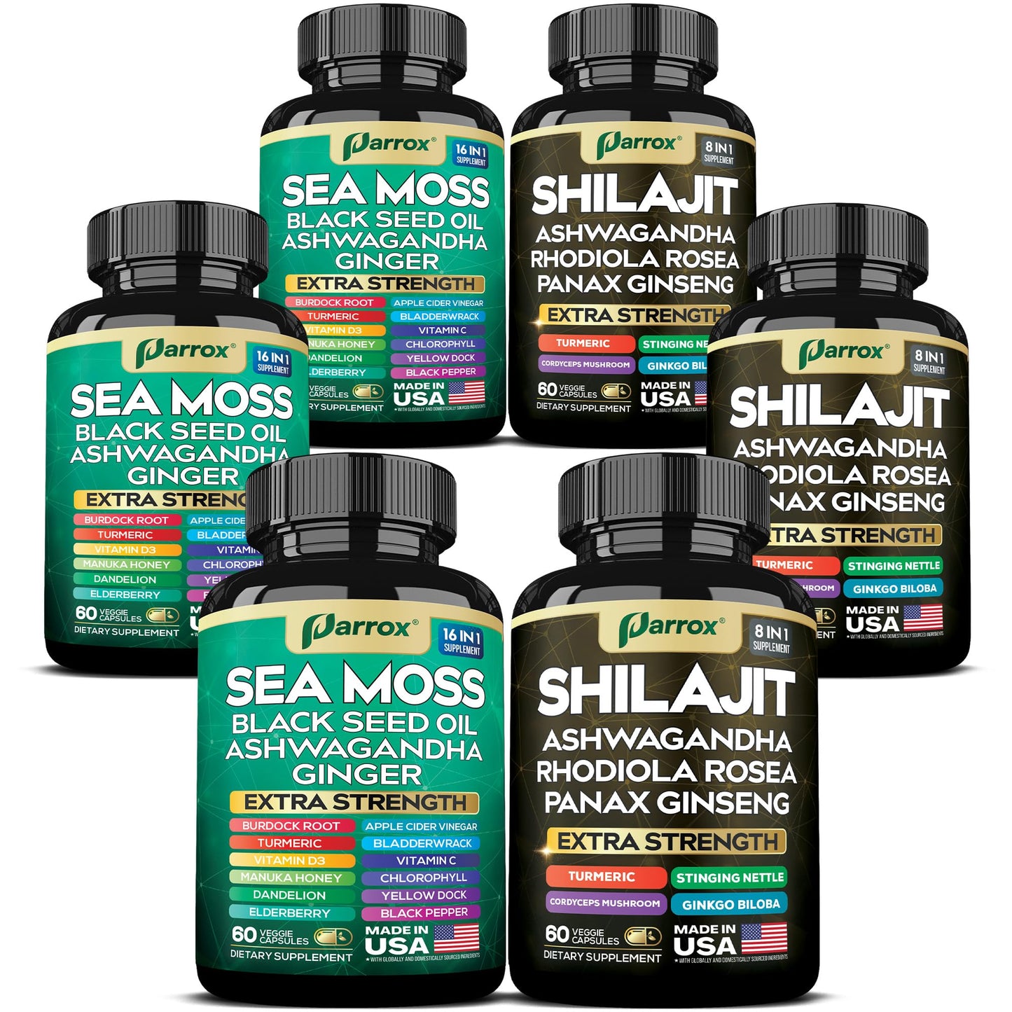 Parrox Shilajit & Sea Moss Bundle, Black Seed Oil & Ashwagandha, Vitality Capsules 360