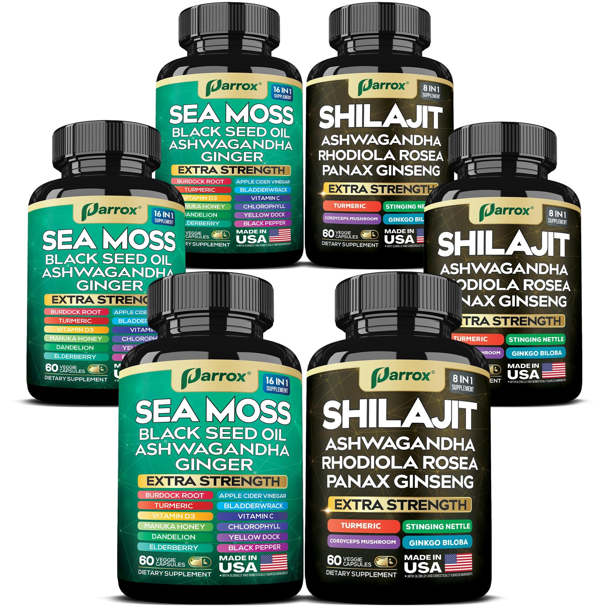 Parrox Shilajit & Sea Moss Bundle, Black Seed Oil & Ashwagandha, Vitality Capsules 360