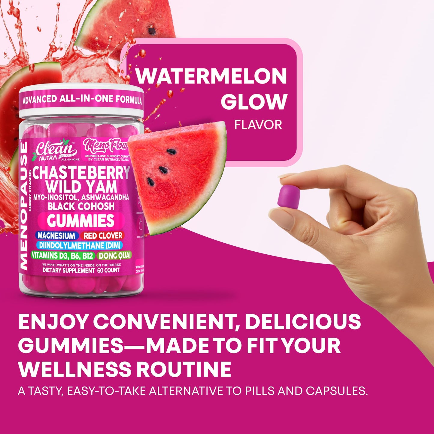 Clean Nutraceuticals Menopause Gummies with DIM, Vitex (Chasteberry), Wild Yam, Black Cohosh, Red Clover, Inositol, Magnesium Glycinate, B6, Glycine, 60 Count