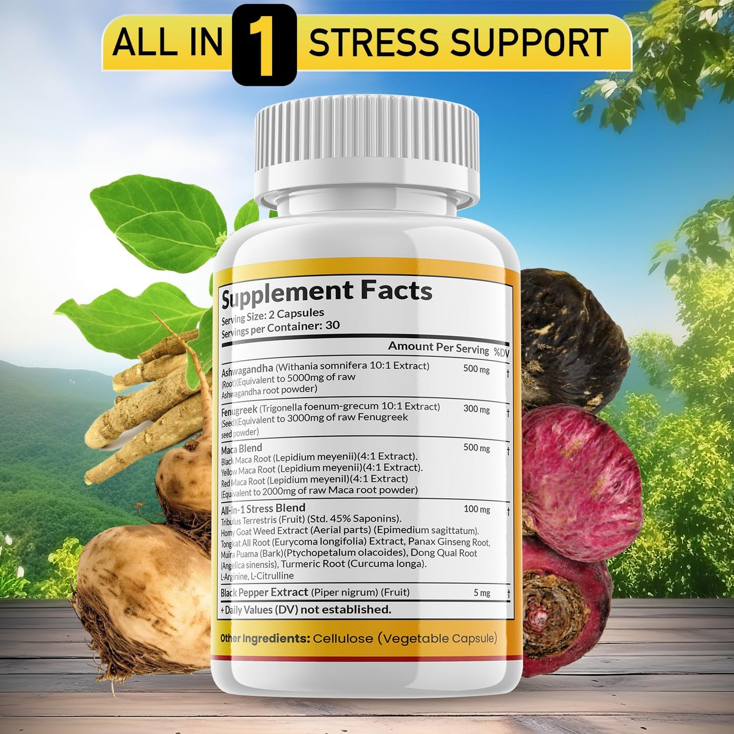 JB Wellness Co Ashwagandha Maca Root Fenugreek Supplement with Tongkat Ali Ginseng Capsule, 120 Count