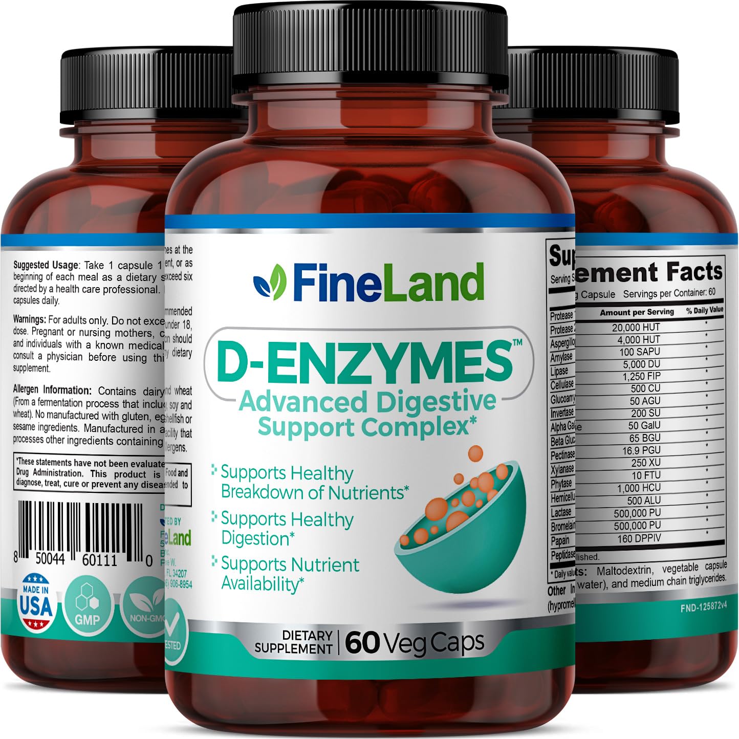 FineLand D-ENZYMES Advanced Digestive Support Complex, Breakdown of Nutrients, Digestion, Hemicellulose, Peptidase, 60 Capsules