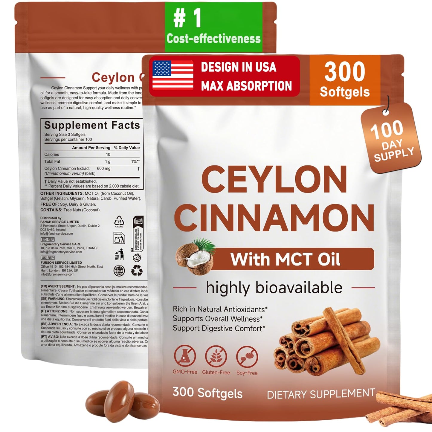 Valleylux Ceylon Cinnamon Softgels with MCT Oil Metabolism Support & Digestive Comfort, 300 Softgels
