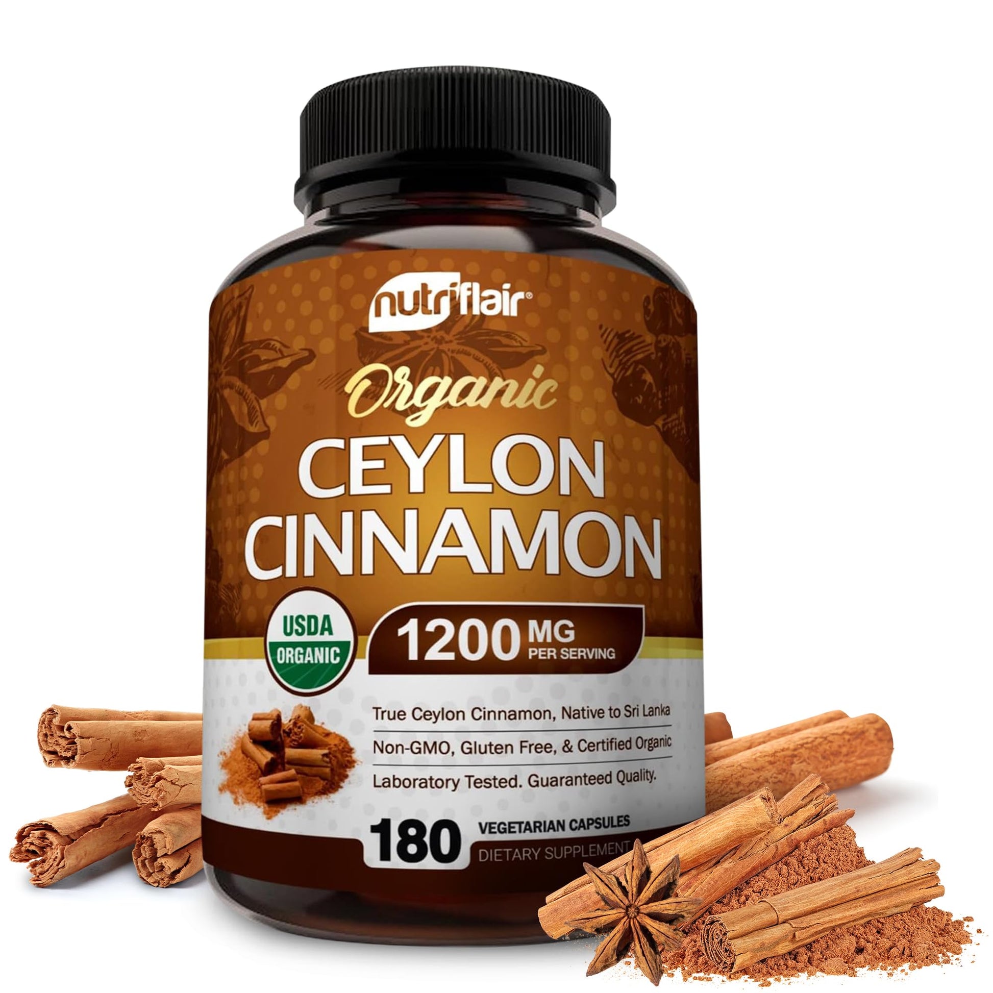 NutriFlair Organic Ceylon Cinnamon Capsules 180 Count