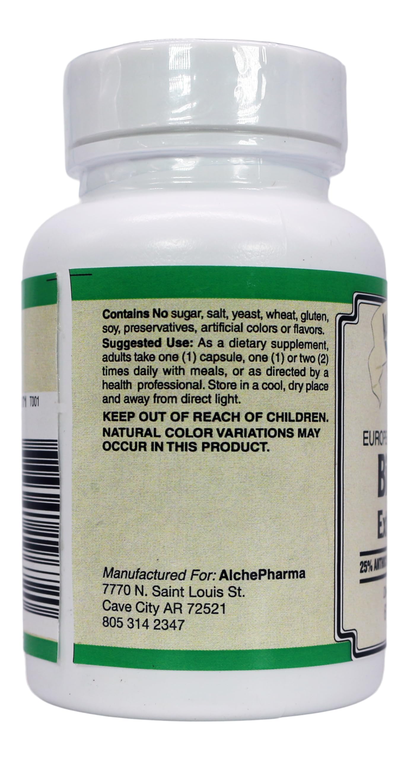 AlchePharma Euromed Bilberry Extract with Grape Skin and Citrus Bioflavonoids Capsules, 60 Count
