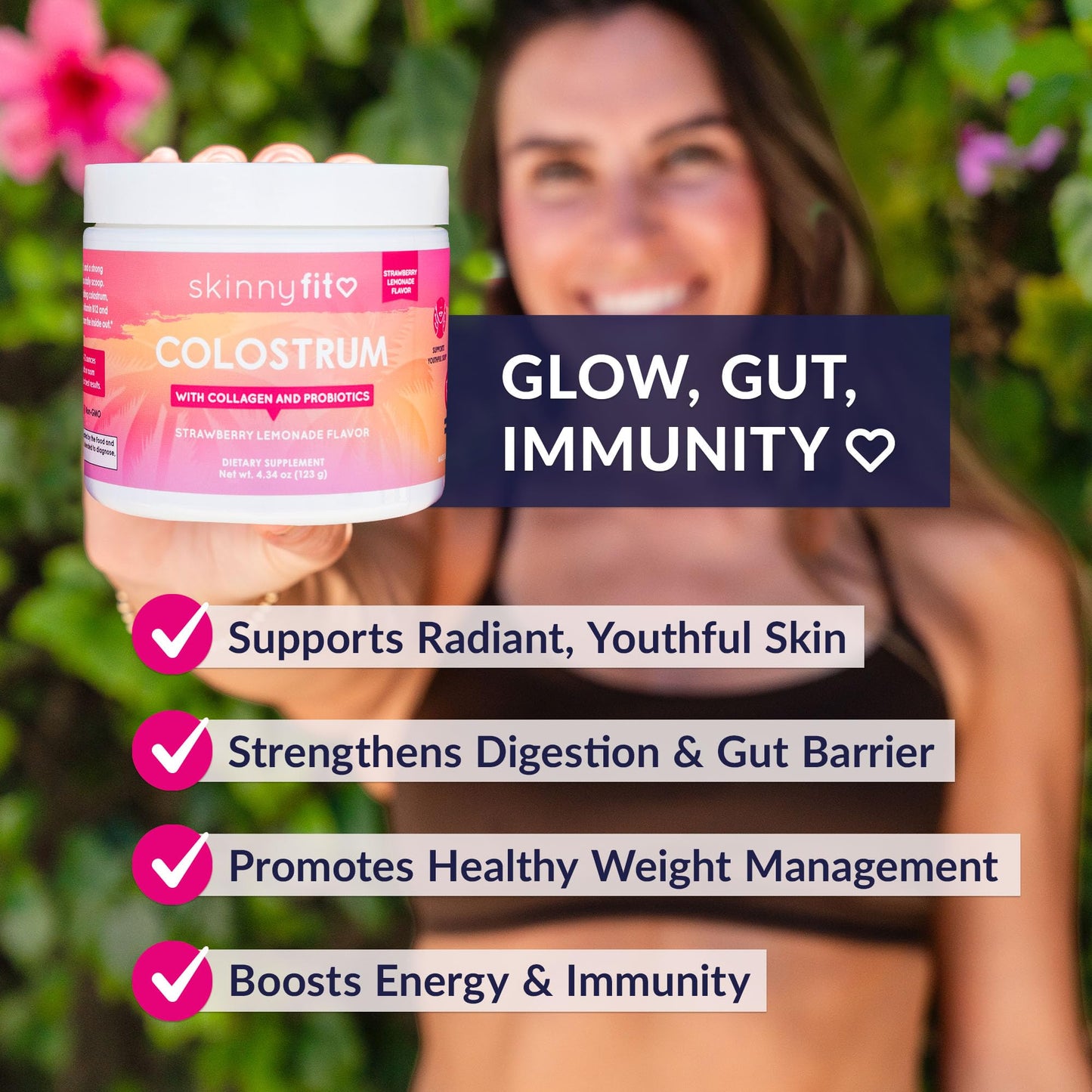 SkinnyFit Colostrum Powder (Strawberry Lemonade) - Collagen Peptides, Probiotics, Vitamin B12 - Supports Immunity, Skin & Gut Health, 4.34 Ounce