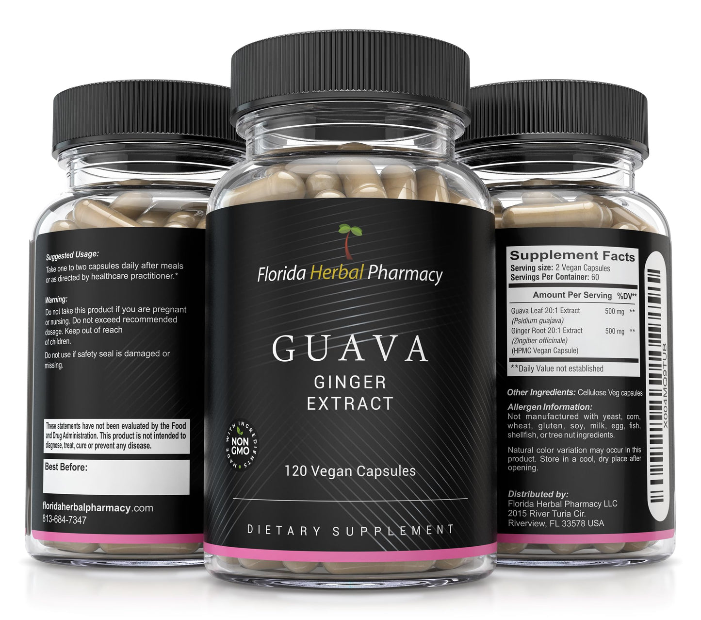Florida Herbal Pharmacy Guava-Ginger Extract Supplement Capsules 20:1, 1000 mg Serving, 120 Capsules