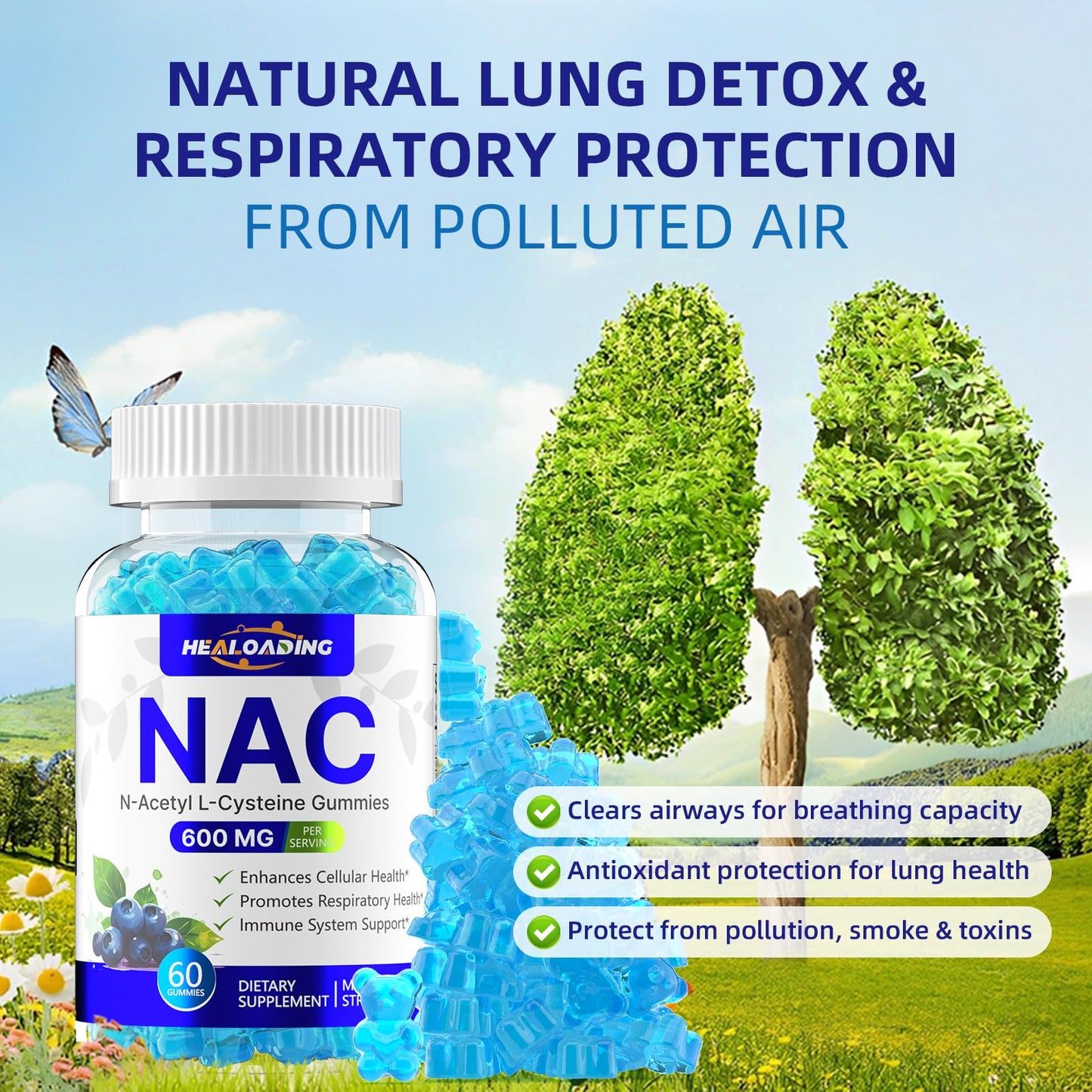 HEALOADING NAC Gummies 600mg (N-Acetyl Cysteine) for Respiratory Health, Liver Detox & Antioxidant Support, 60 Count