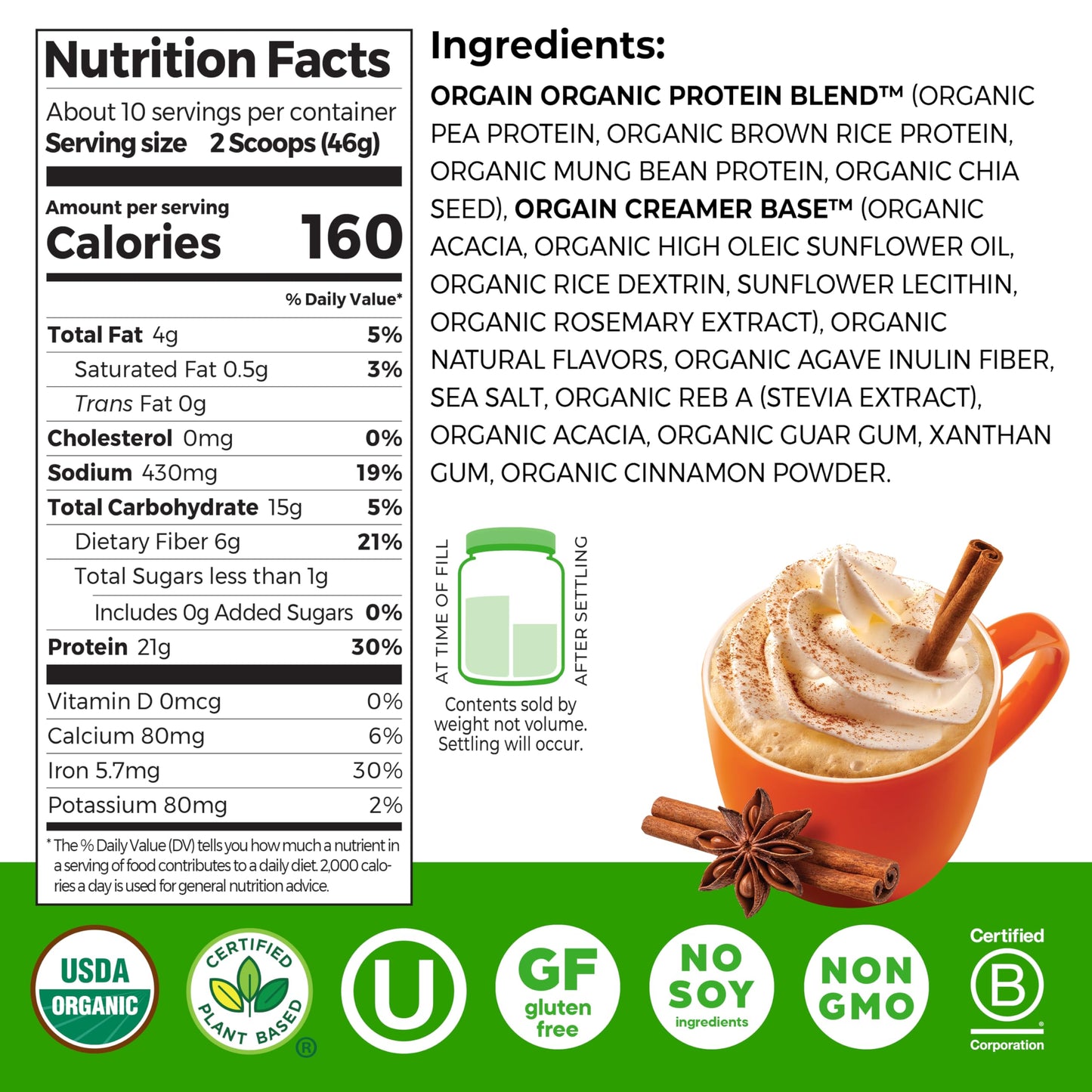 Orgain Organic Vegan 21g Protein Powder Pumpkin Spice 1.02 lb