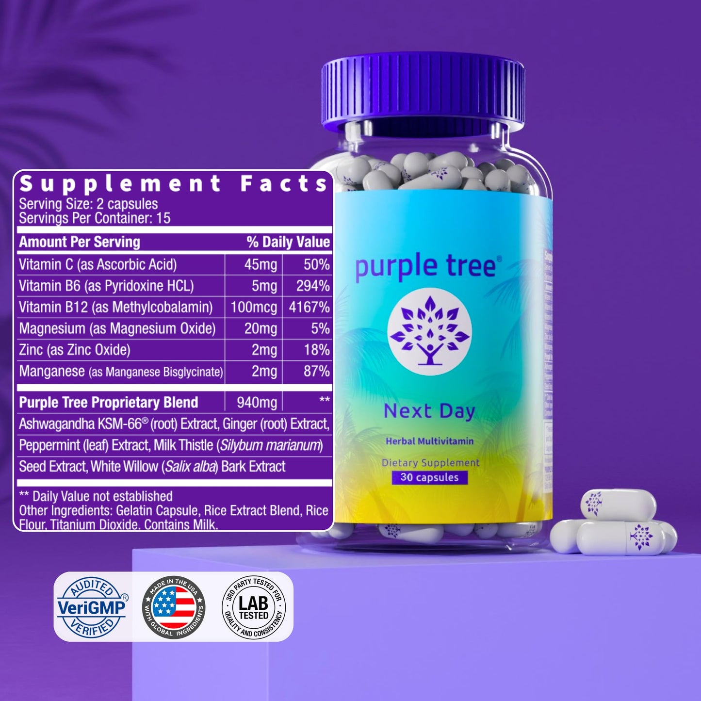 Purple Tree Next Day Post-Drink Morning Wellness Supplement for Balance, Restore & Replenishment Capsules 30 Count
