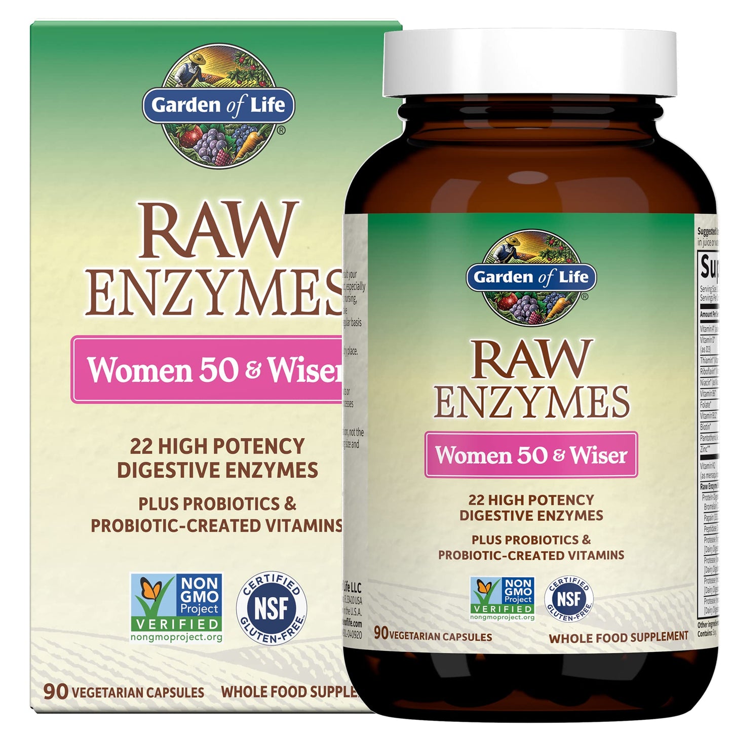 Garden of Life RAW Enzymes 22 Digestive Enzymes for Women 50+ with Bromelain, Papain & Lactase Plus Probiotics & Vitamins B12, Biotin & Zinc, 90 Capsules