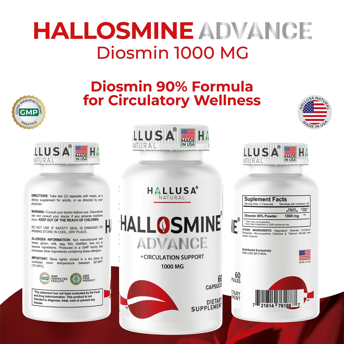 Hallusa Natural Hallosmine Advance 1000mg Diosmin Capsules 60 Count