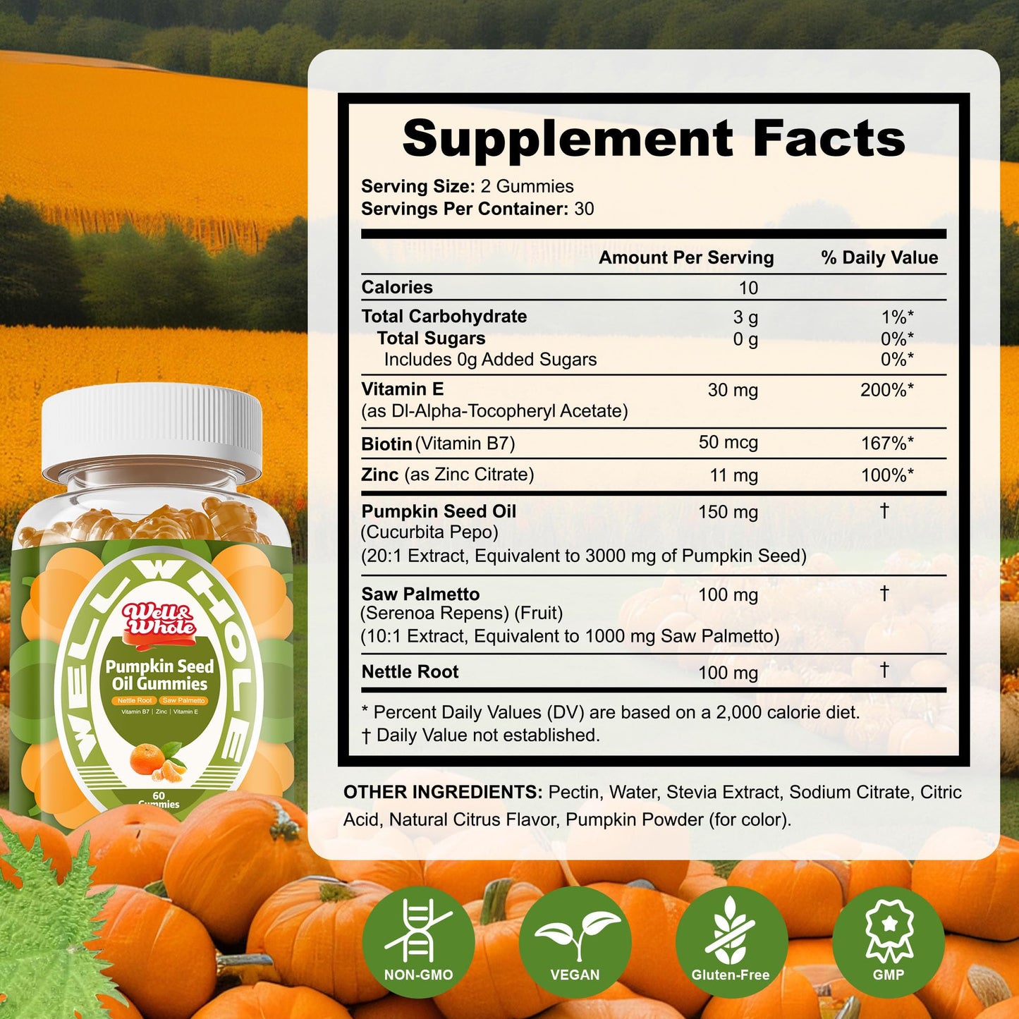 Well&Whole Pumpkin Seed Oil Gummies with Saw Palmetto for Hair Growth, for Men and Women, Vegan, Sugar-Free, 60 Count