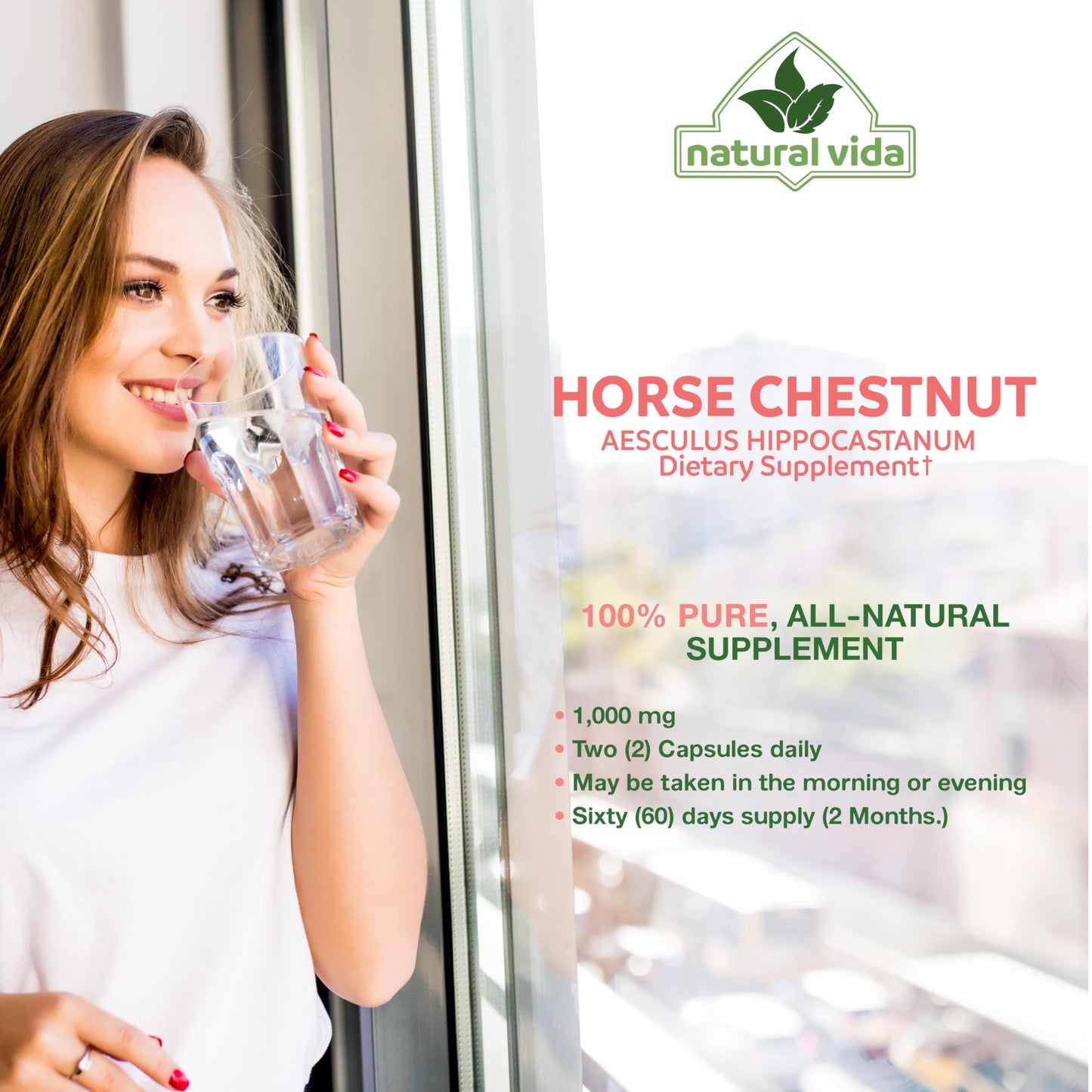 Natural Vida Horse Chestnut Extract Aescin 20% - 1000mg Vegan Capsules, 120 Count