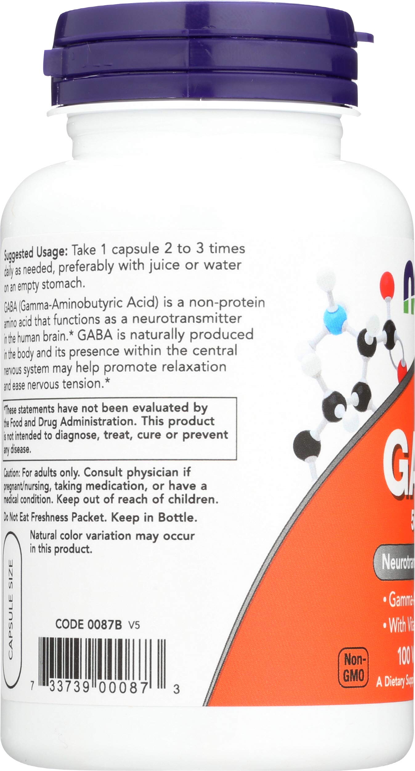 NOW Foods GABA 500 mg Capsule, 100 Count