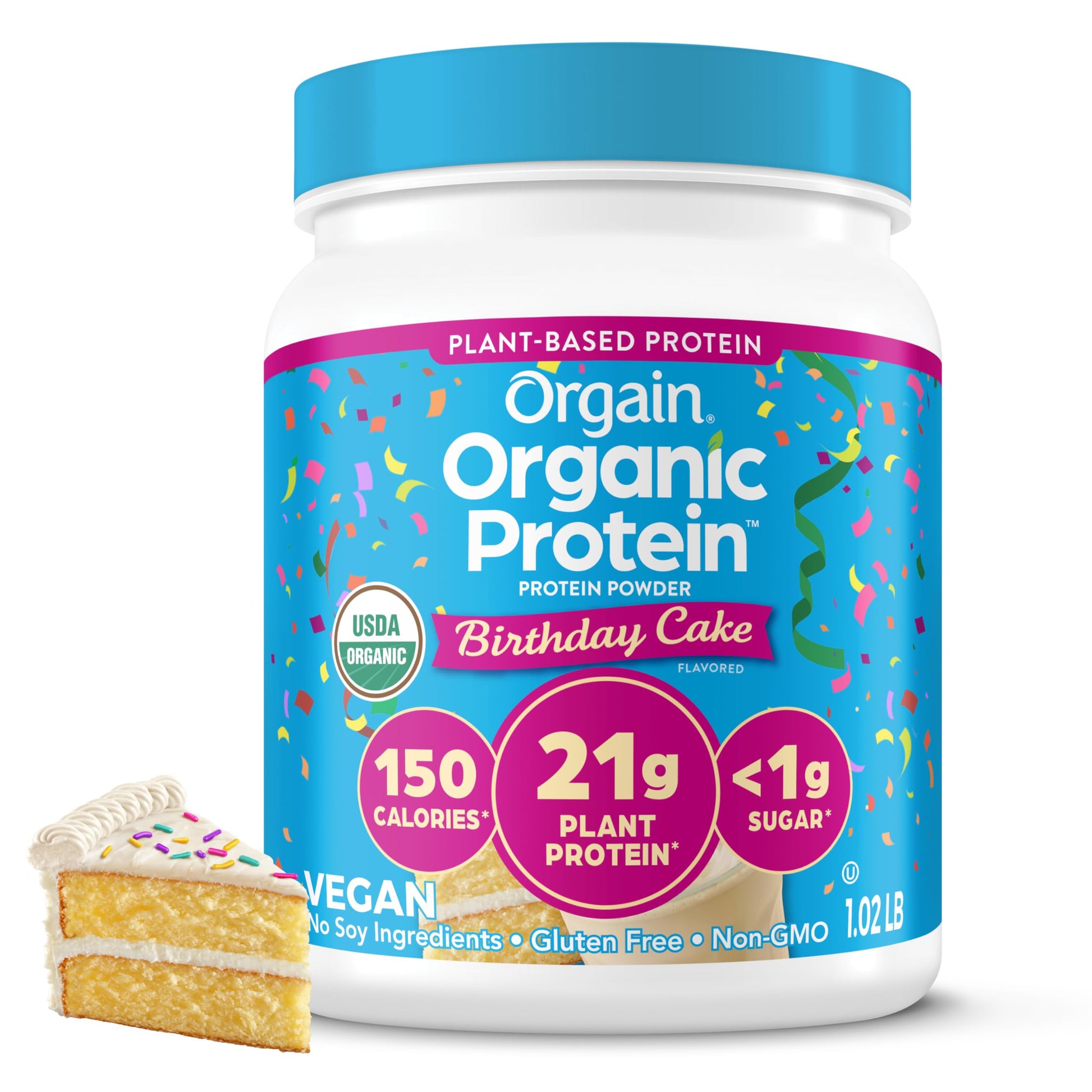 Orgain Organic Vegan 21g Protein Powder Birthday Cake 16.3 oz