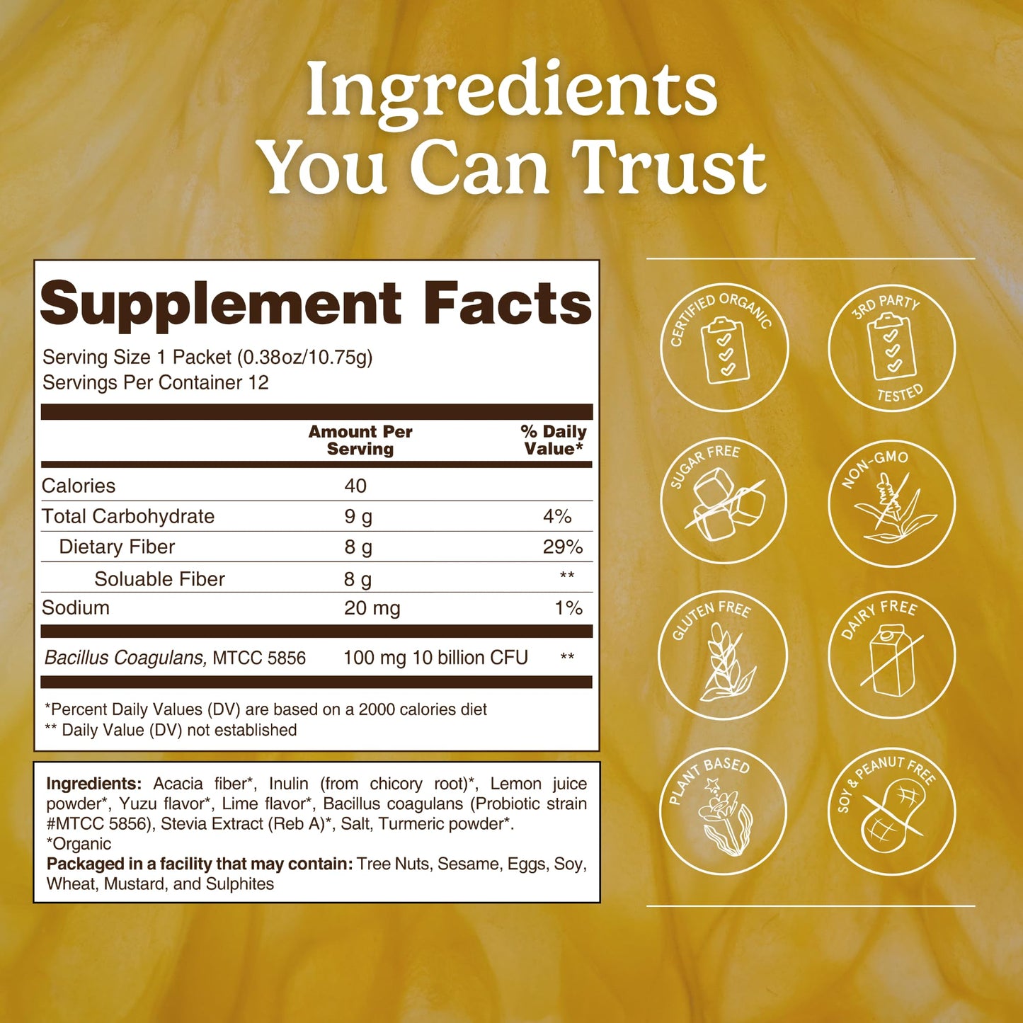Organic Traditions Fiber Flow Sticks, Yuzu Lime Daily Blend Powder, 12 Count