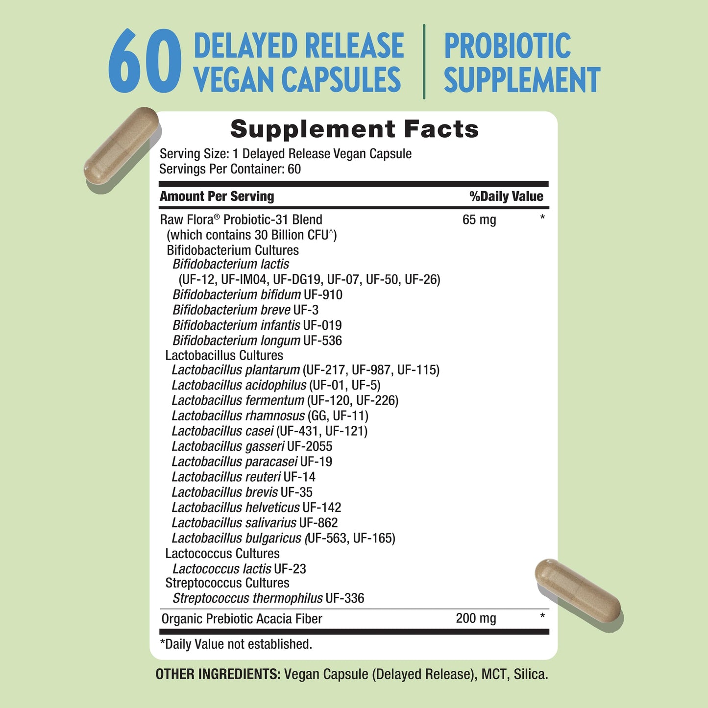 Raw Flora Probiotic for Women and Men 30 Billion CFU Delayed Release Capsules 60 Capsules