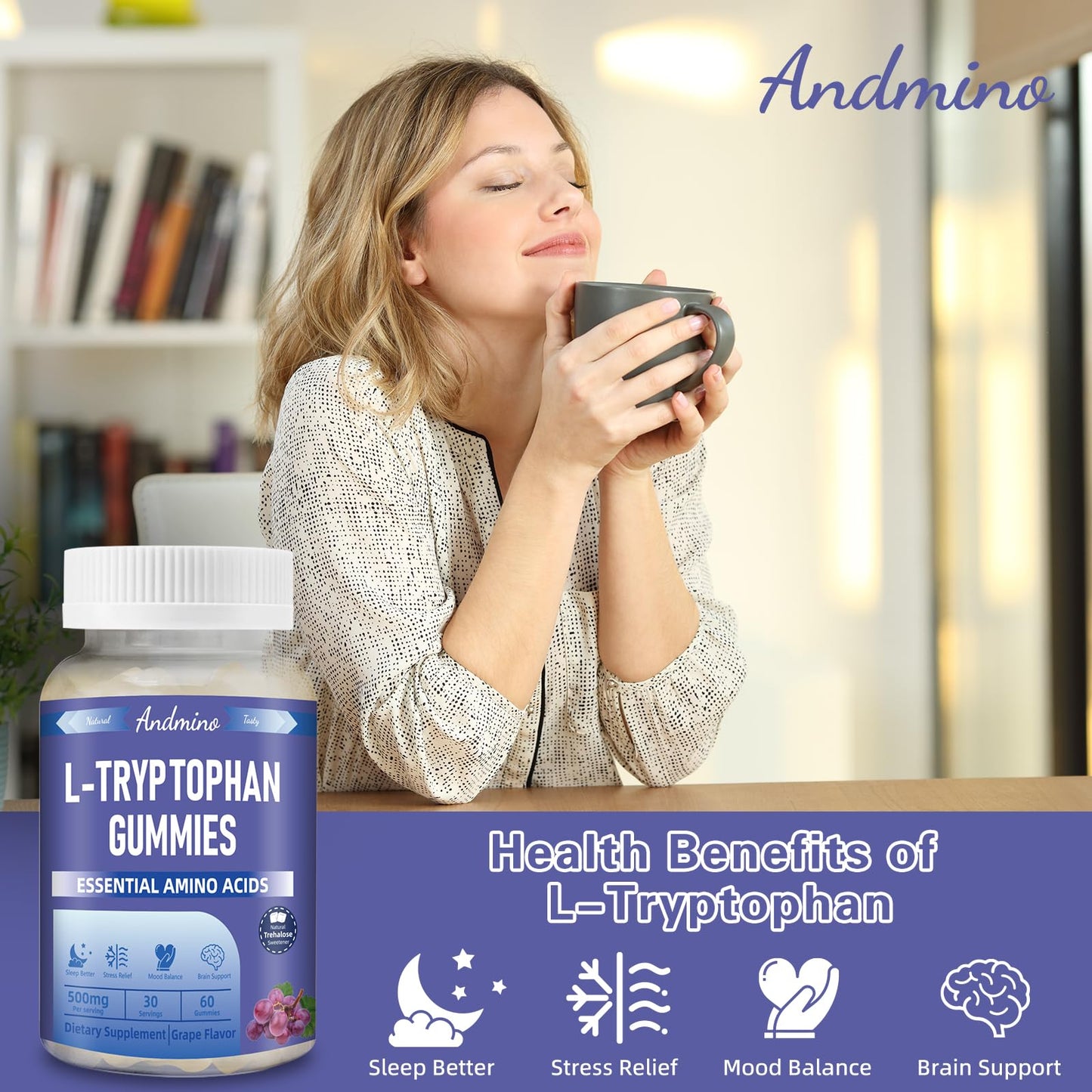 andmino L-Tryptophan Gummies 500mg with Trehalose, 60 Gummies