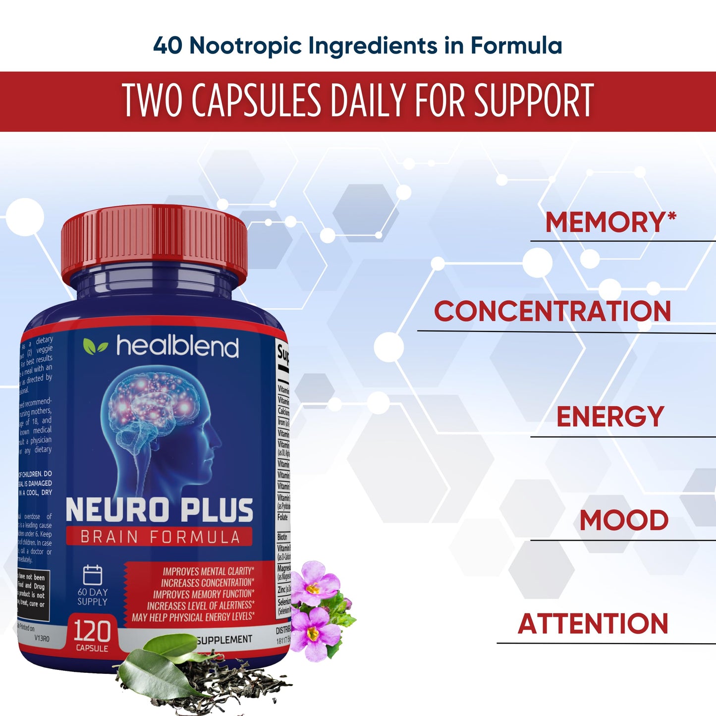 healblend Neuro Plus Brain & Focus Formula Nootropic Brain Booster Supplement Capsule, 120 Capsules