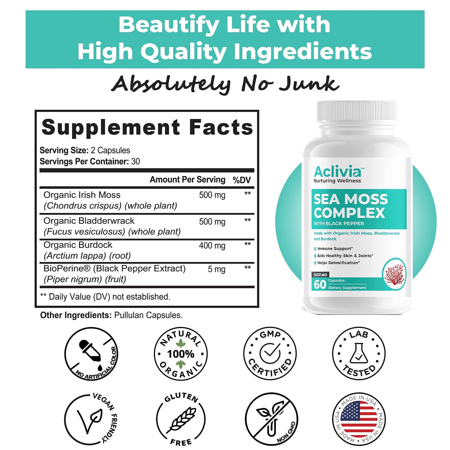 Aclivia Organic Irish Sea Moss Capsules with Bladderwrack & Burdock Root, 102 Minerals Sea Moss Supplement, Thyroid Support, Immune Boost, Non-GMO, 60 Capsules