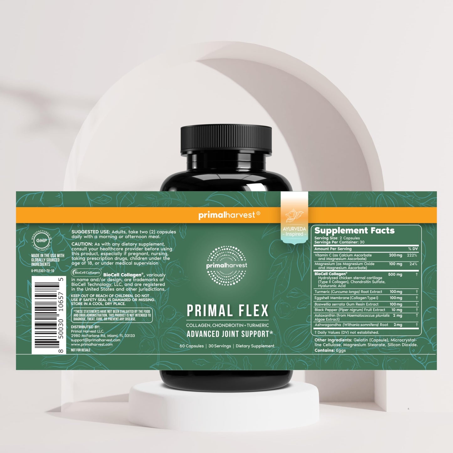 Primal Harvest Primal Flex with Turmeric, Hyaluronic Acid, Type II Collagen and Boswellia for Joint Comfort, Flexibility and Mobility Support 60 Capsules
