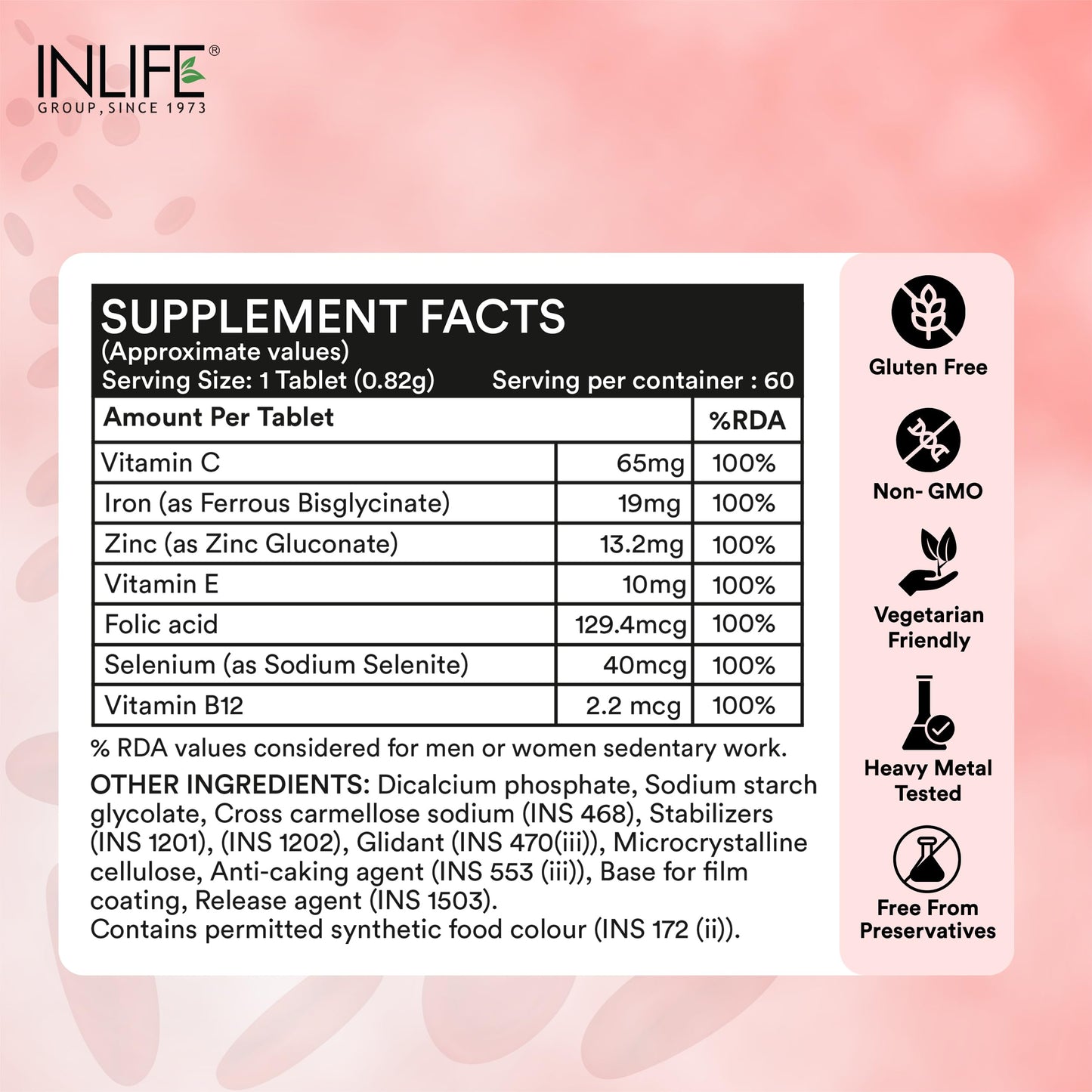 INLIFE Chelated Iron Folic Acid Supplement with Vitamin C, Zinc, Vitamin E, Selenium, & Vitamin B12 Tablet 60 Count