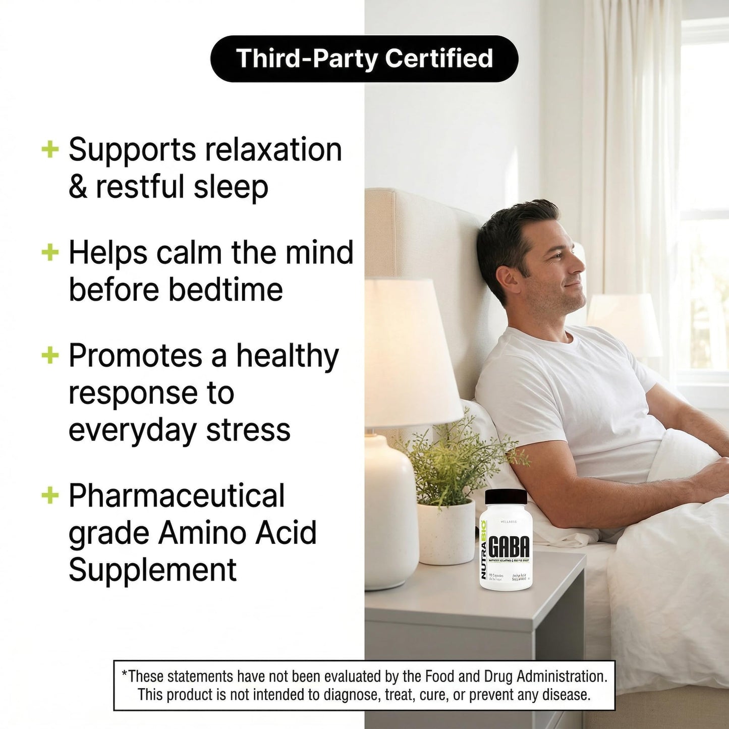 NutraBio 100% Pure GABA Supplement (Gamma-Aminobutyric Acid) 500mg, 90 Capsules