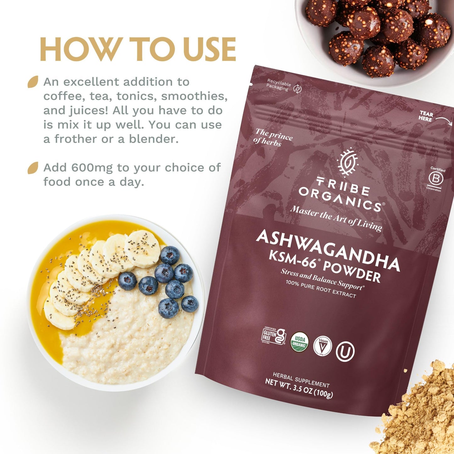 TRIBE ORGANICS KSM-66 Ashwagandha Root Extract Powder 3.53 Ounce