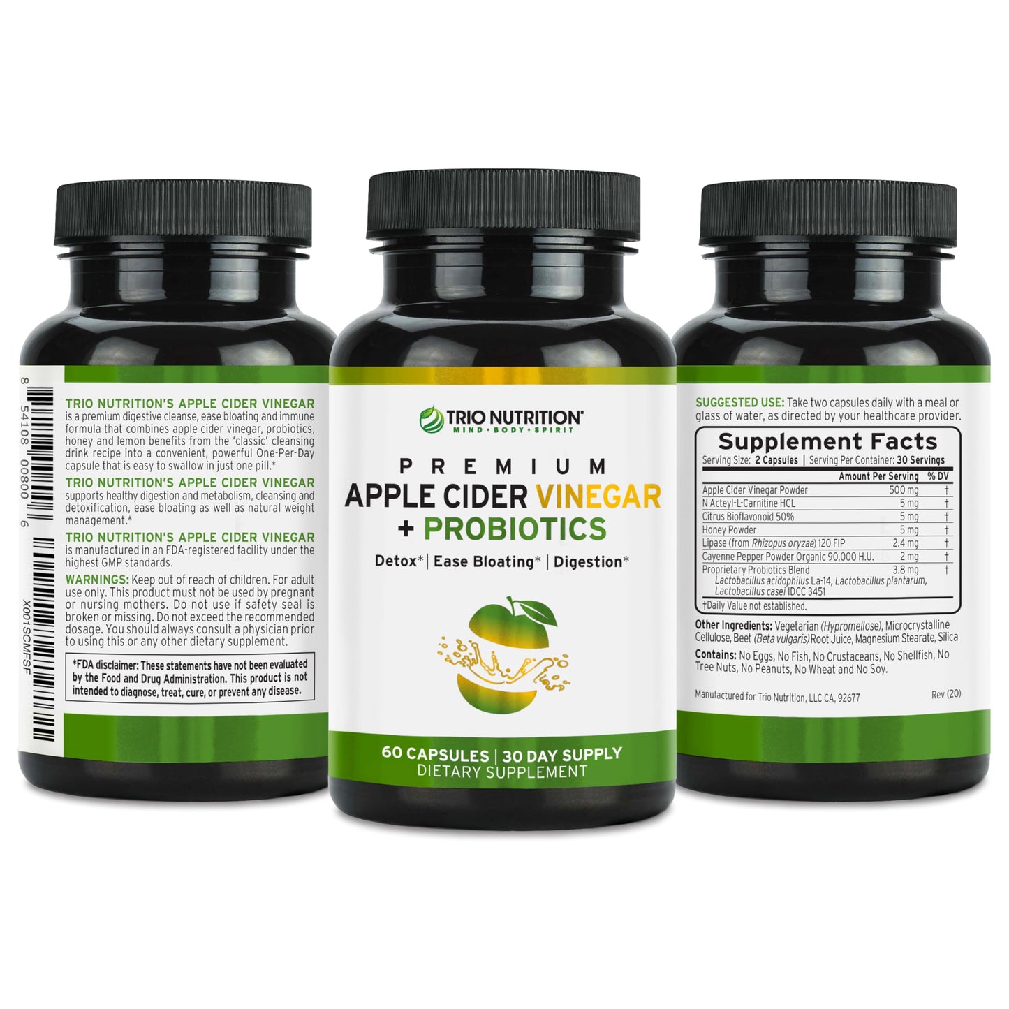 TRIO NUTRITION Apple Cider Vinegar Capsules with Multi-Strain Probiotics, 60 Count