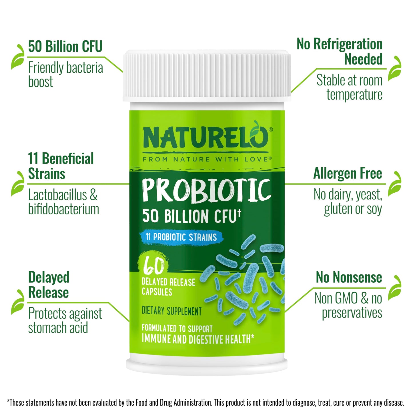 NATURELO Probiotics for Digestive Health & Magnesium Glycinate Chelate Complex 180 Capsules