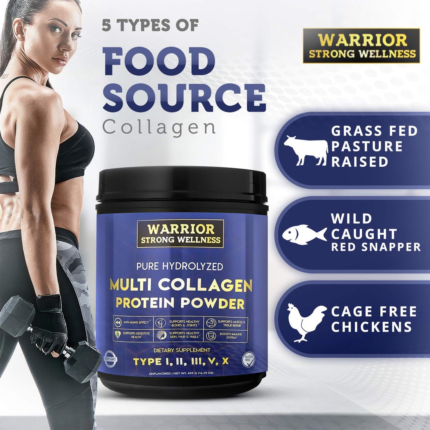Warrior Strong Wellness Pure Hydrolyzed Multi Collagen Protein Powder, 1.01 Pound