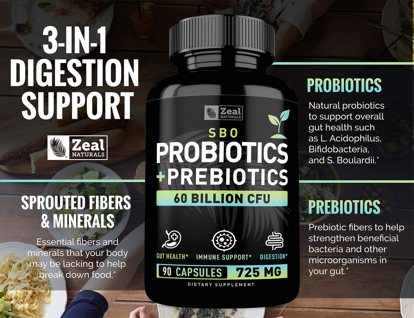 Zeal Naturals Probiotics and Prebiotics + SBO Probiotics (60 Billion CFU) 90 Capsules