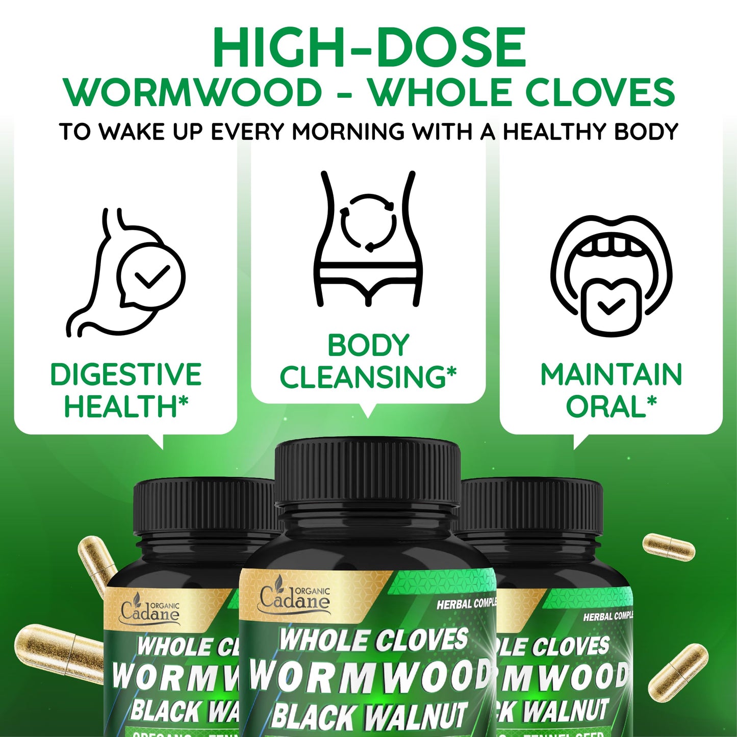 Organic Cadane Wormwood Whole Cloves Black Walnut with Ginger, Garlic, Oregano, Fennel & Black Pepper Digestive & Wellness Support 120 Capsules